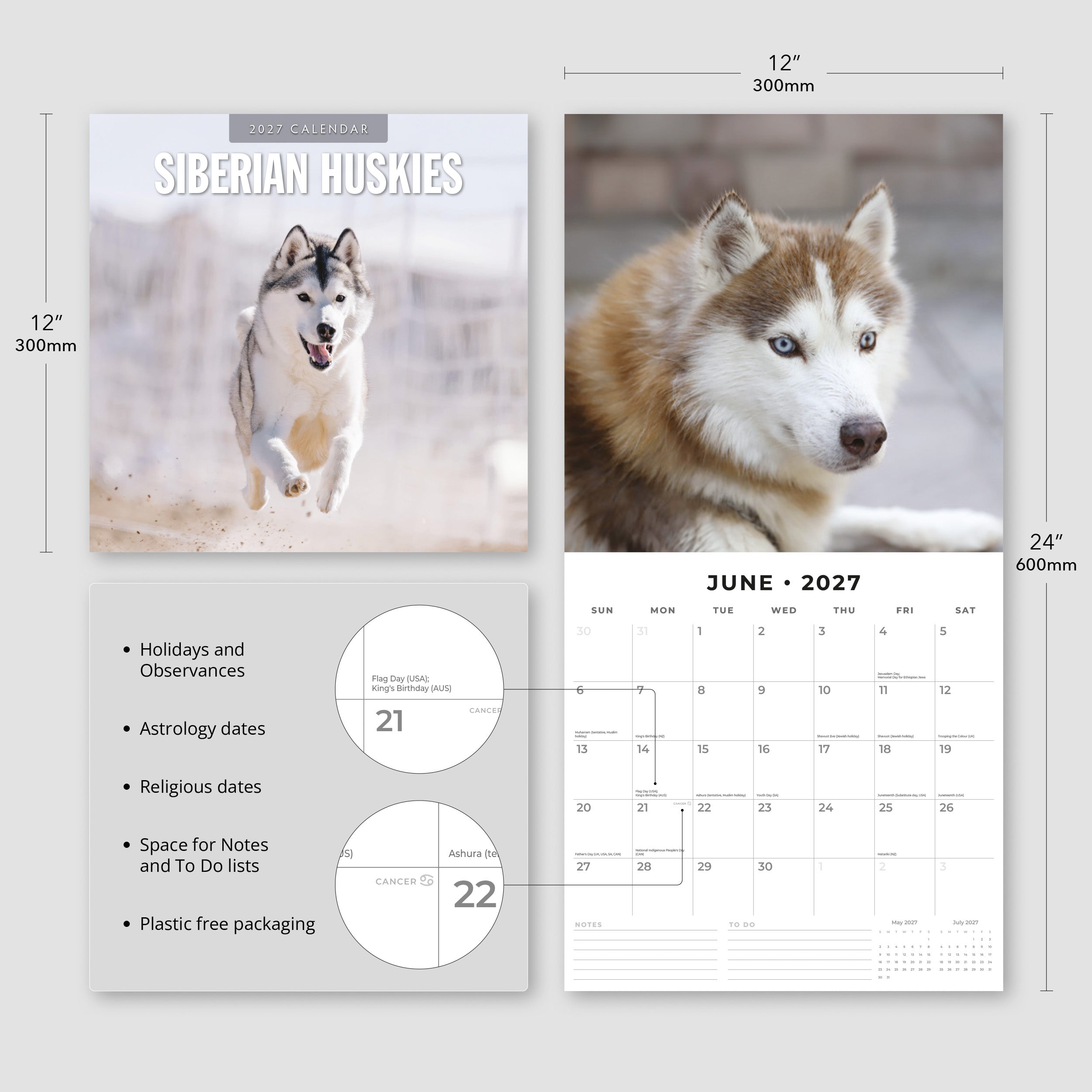 2027 Siberian Huskies - Square Wall Calendar