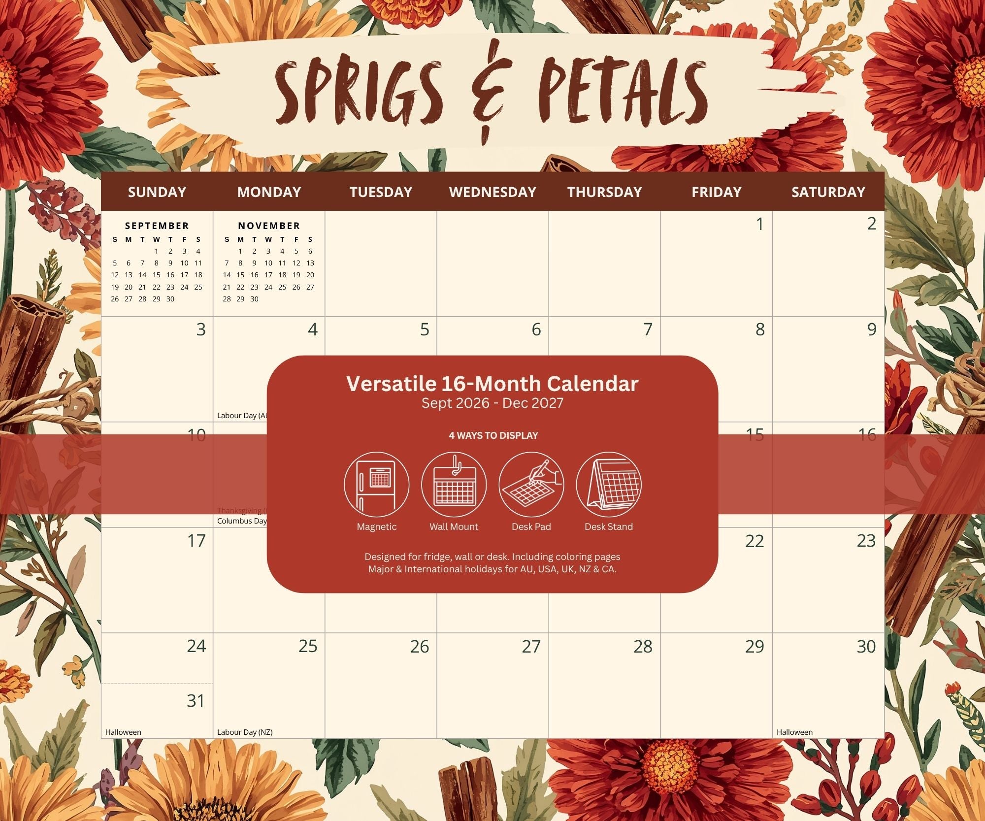 2027 Sprigs & Petals - Versatile 4-in-1 Magnetic, Wall and Desk Calendar