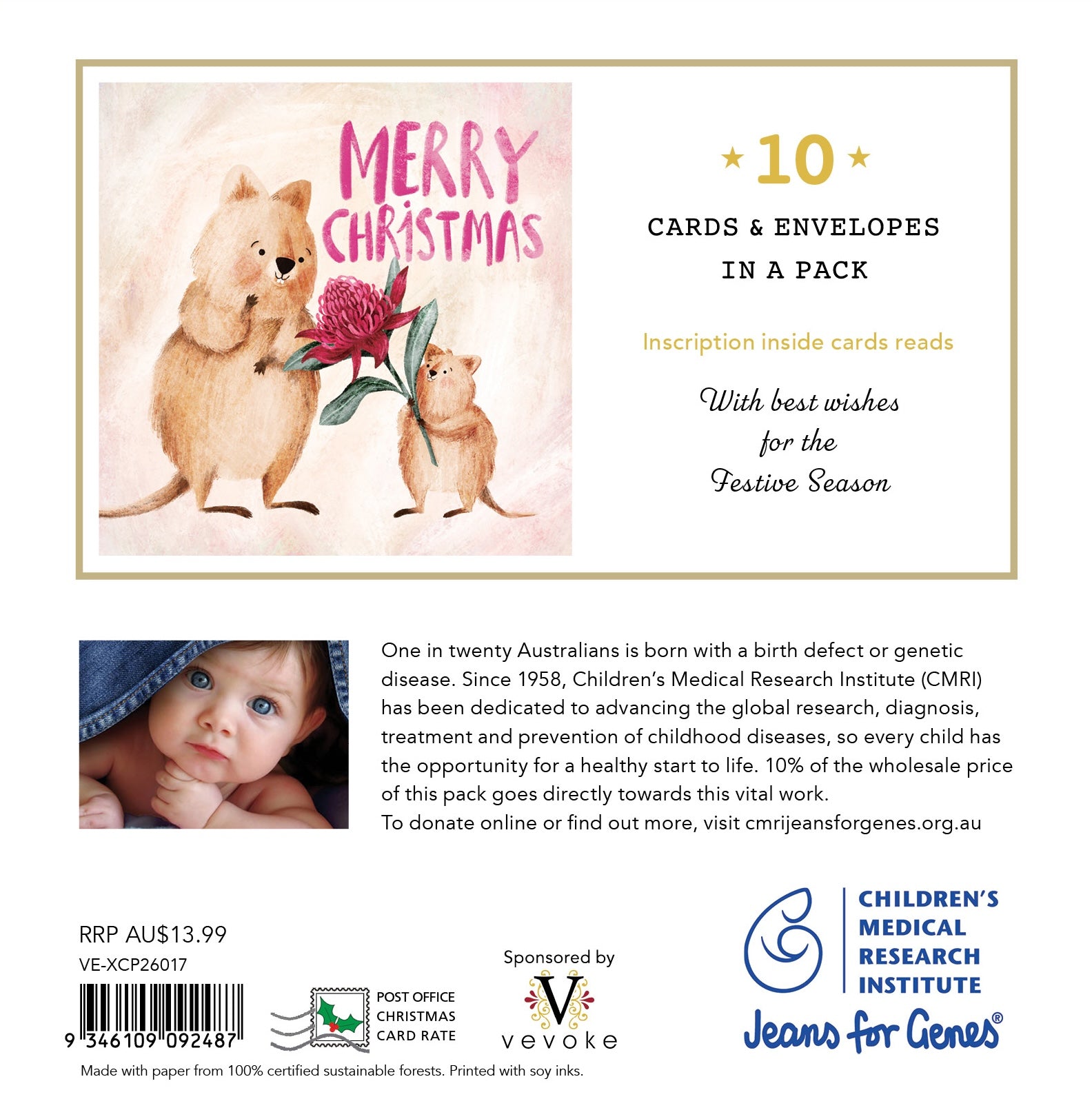 CMRI - Quokka Christmas Present - 10 Charity Christmas Cards Pack