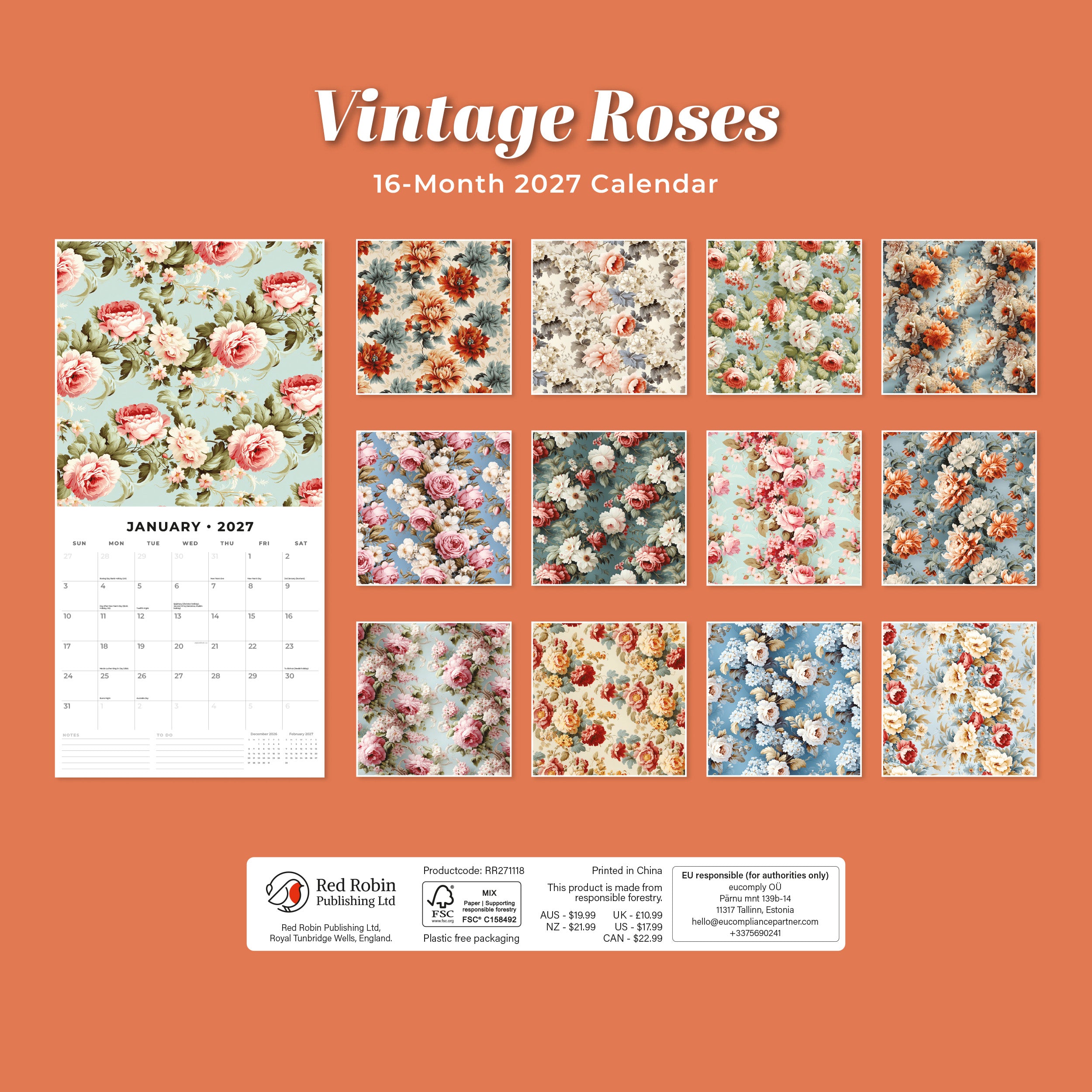 2027 Vintage Roses - Square Wall Calendar