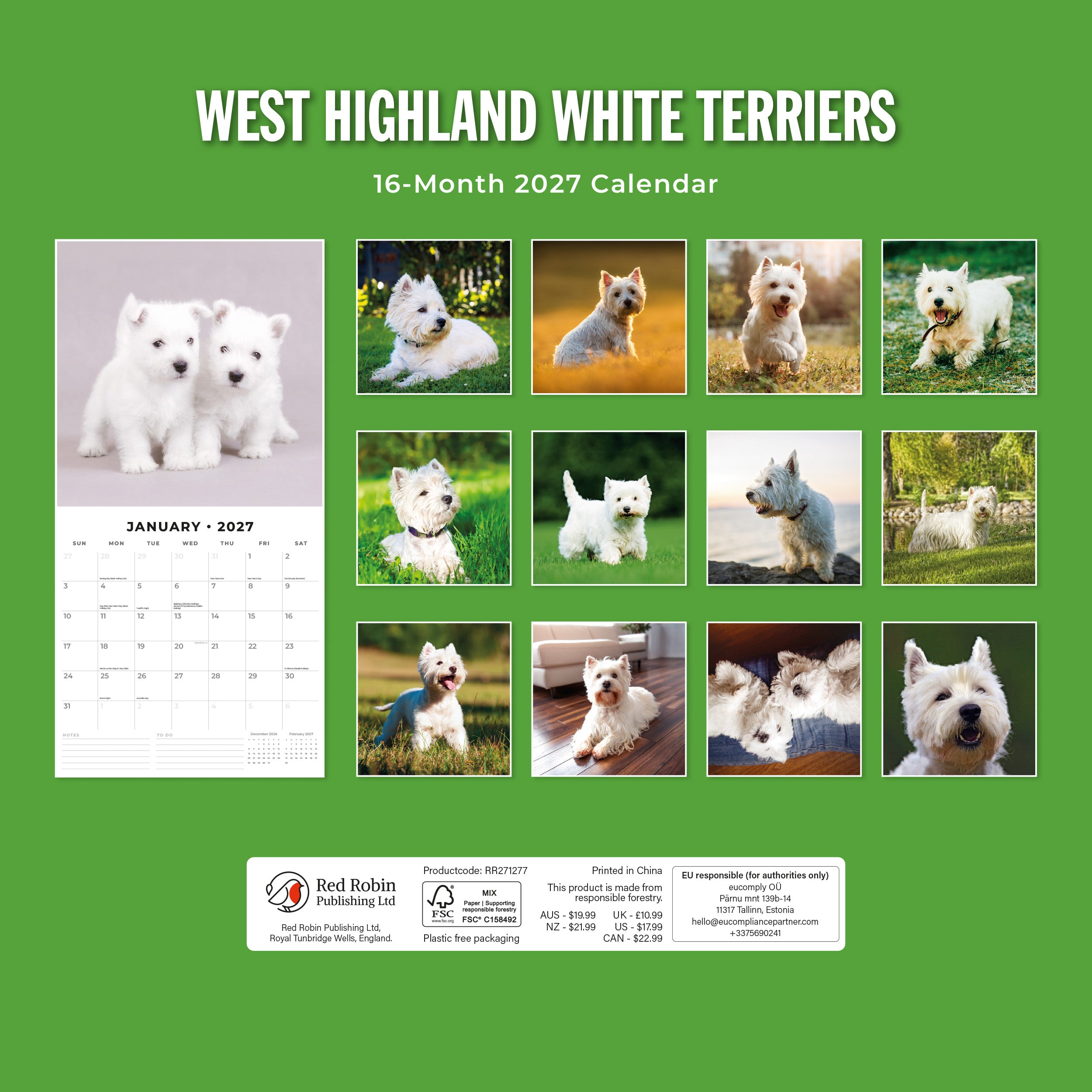 2027 West Highland White Terriers - Square Wall Calendar