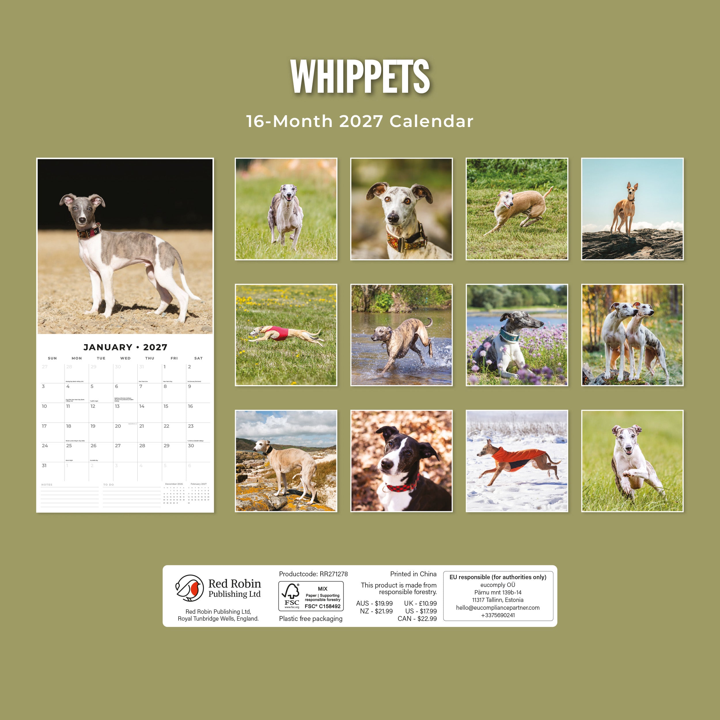 2027 Whippets - Square Wall Calendar