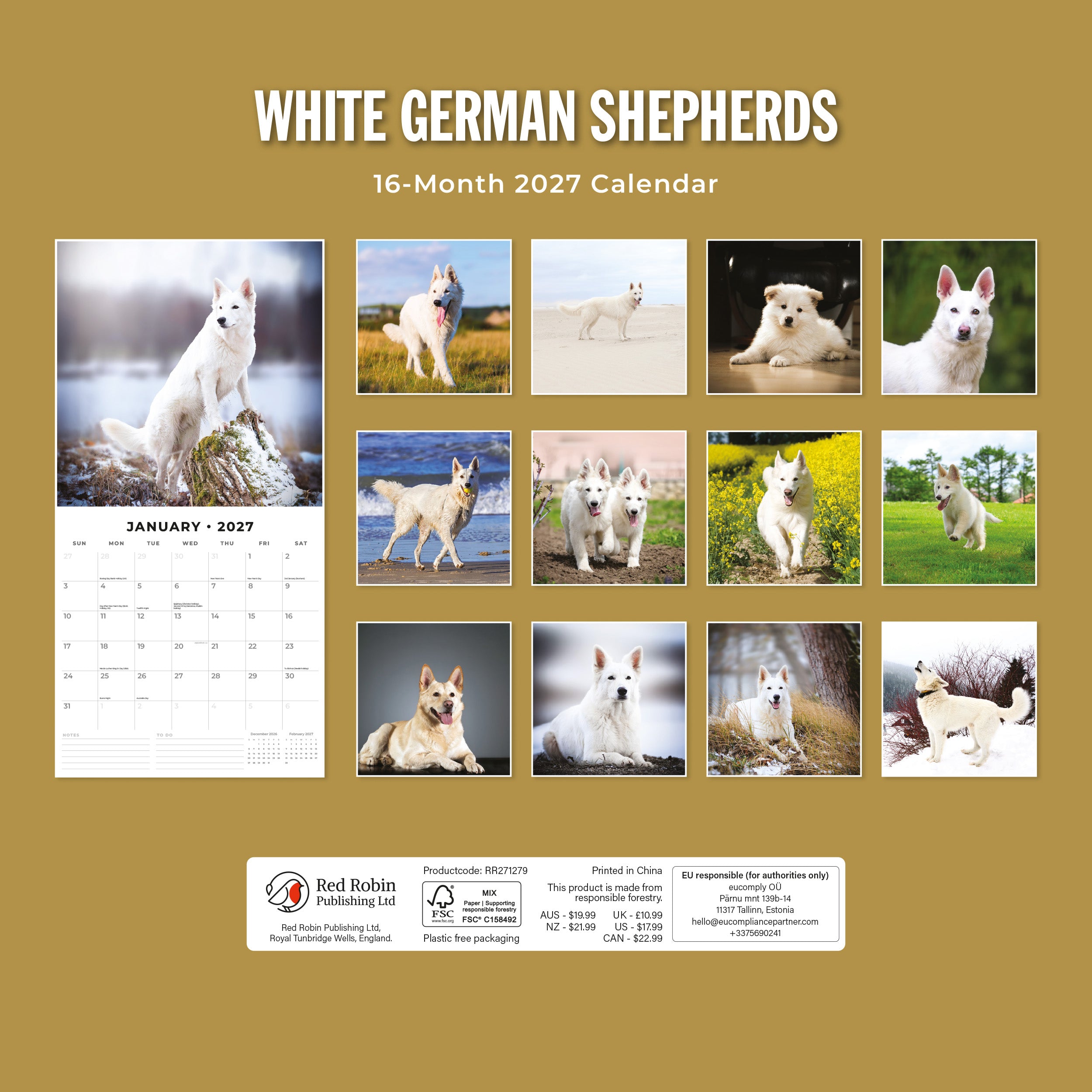 2027 White German Shepherds - Square Wall Calendar