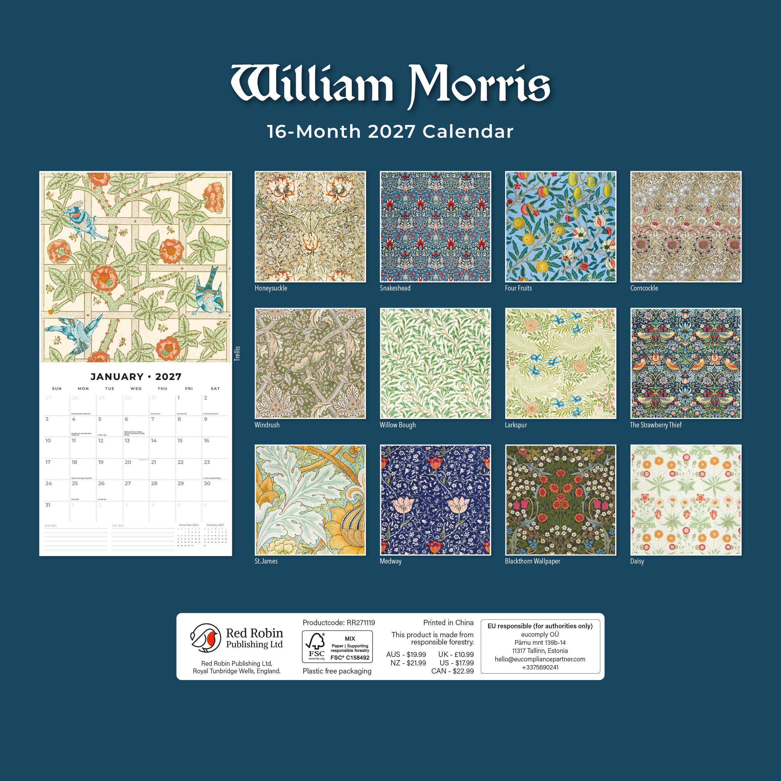 2027 William Morris - Square Wall Calendar