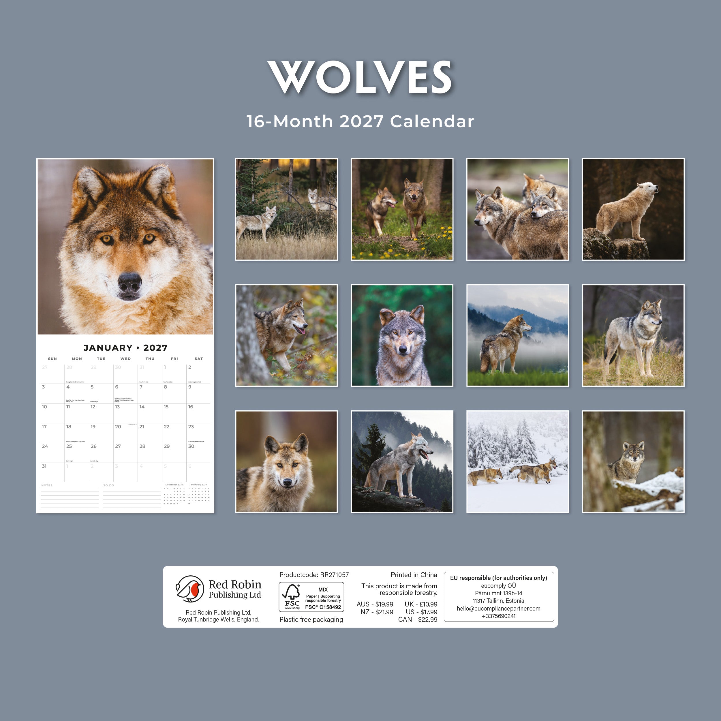 2027 Wolves - Square Wall Calendar