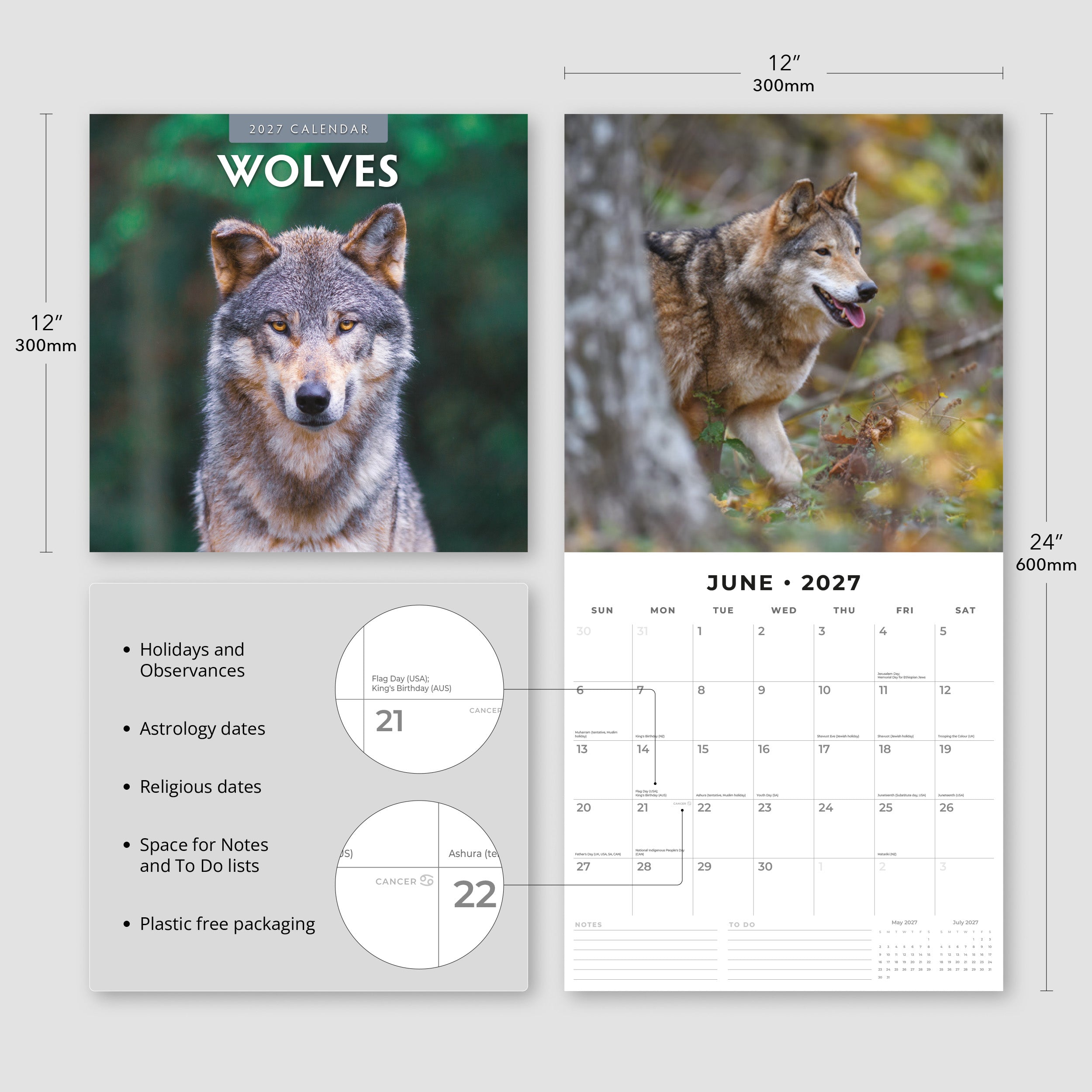 2027 Wolves - Square Wall Calendar