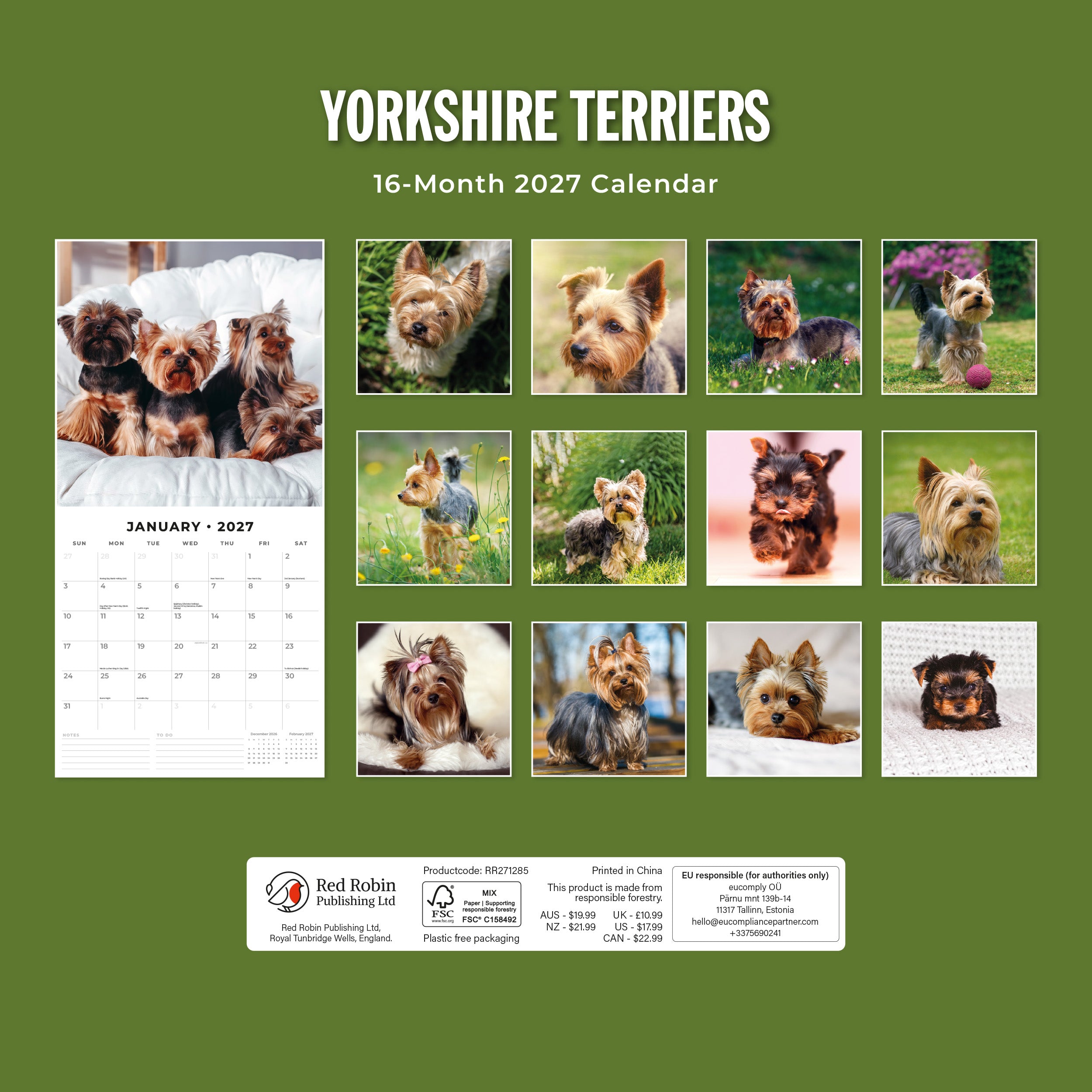 2027 Yorkshire Terriers - Square Wall Calendar