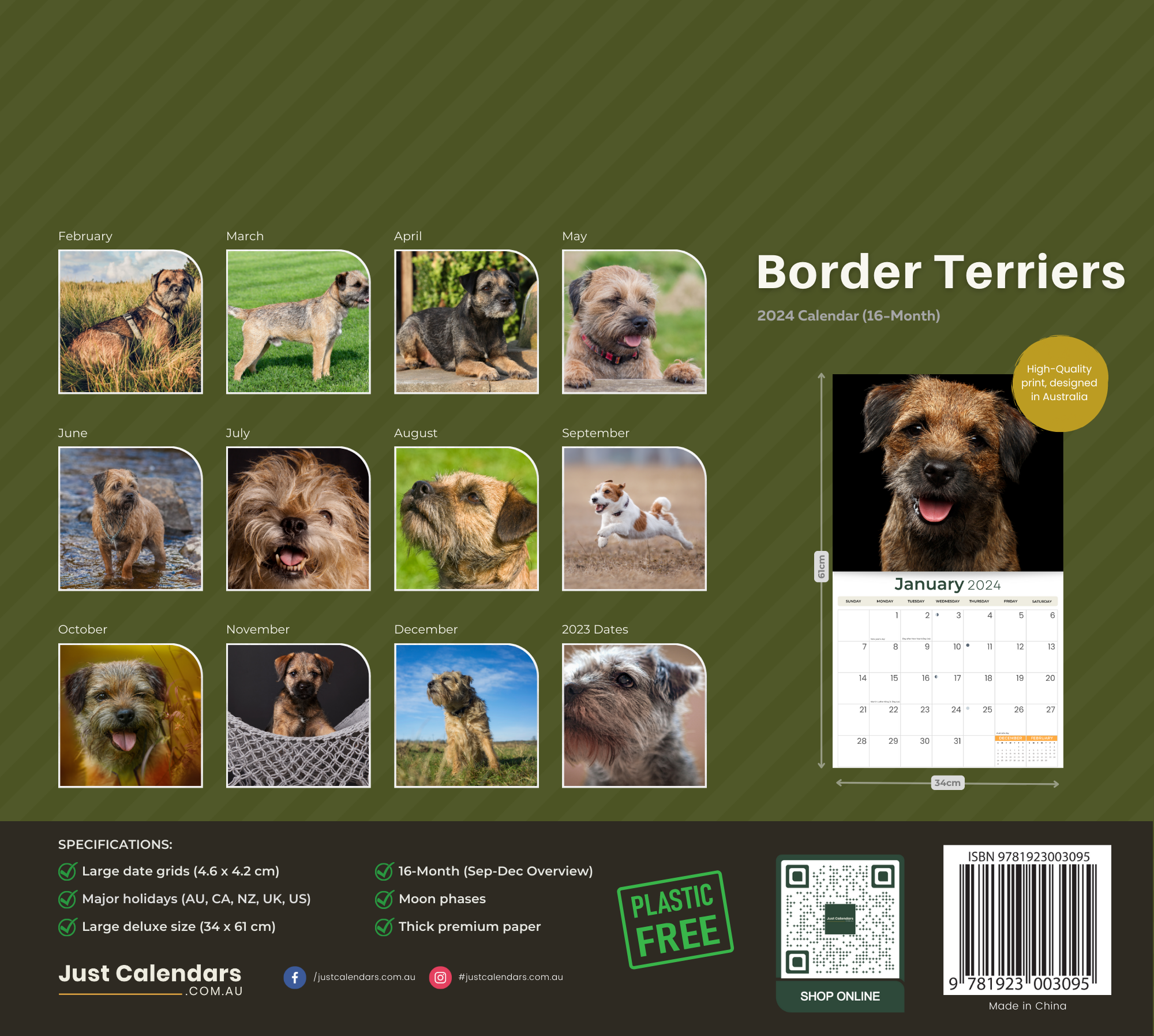 2024 Border Terriers Dogs & Puppies - Deluxe Wall Calendar by Just Calendars - 16 Month - Plastic Free