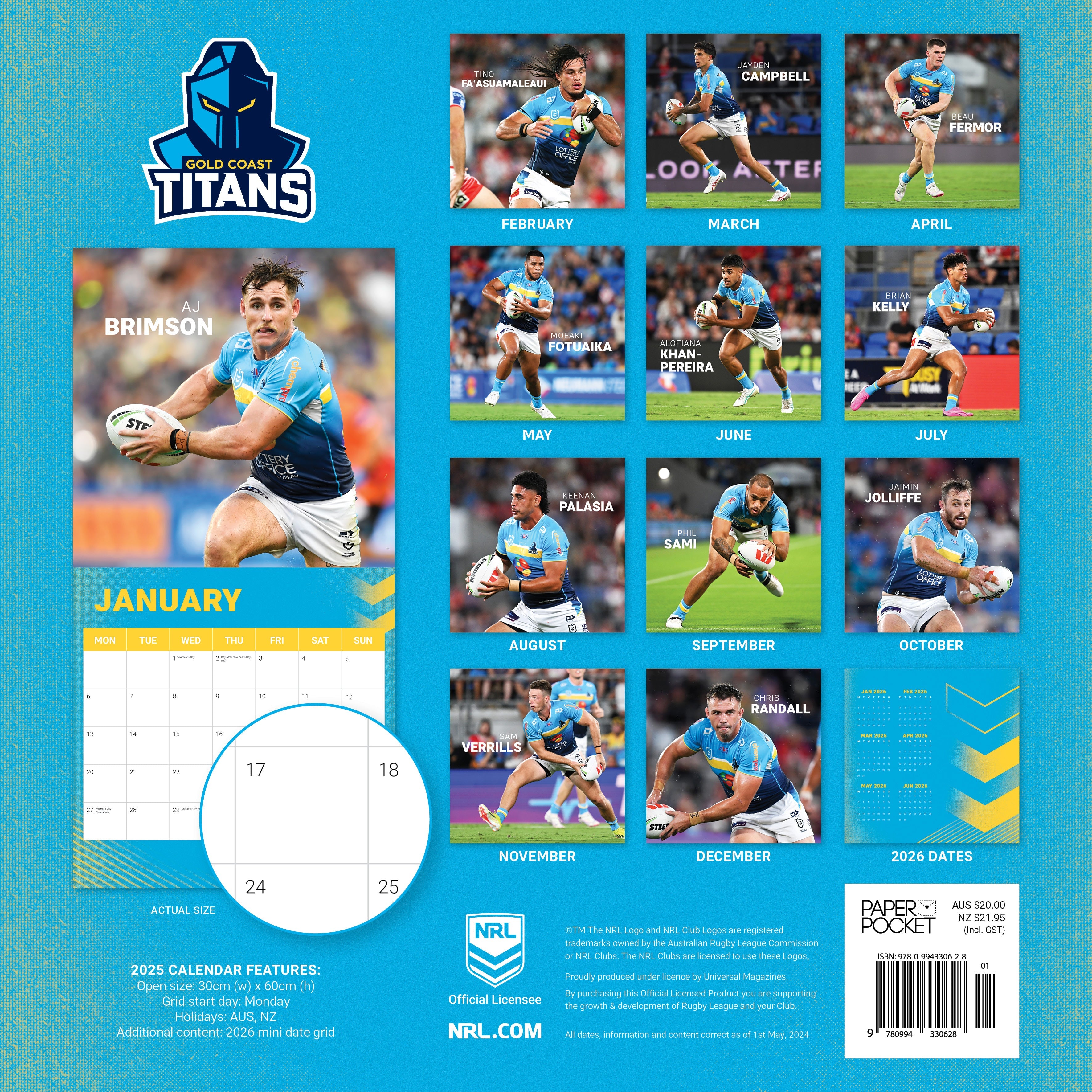 2025 NRL Gold Coast Titans - Square Wall Calendar