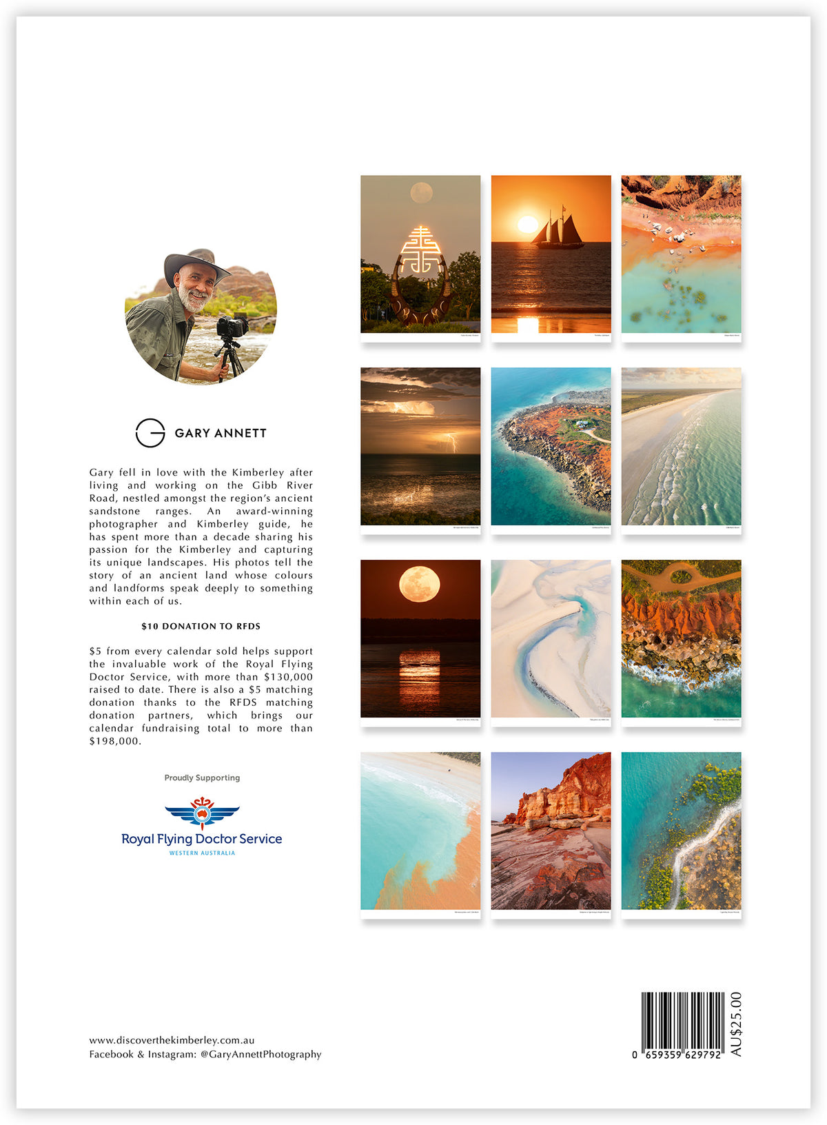 Broome & Beyond 2027 calendar back cover showing all 12 photographs and RFDS donation details