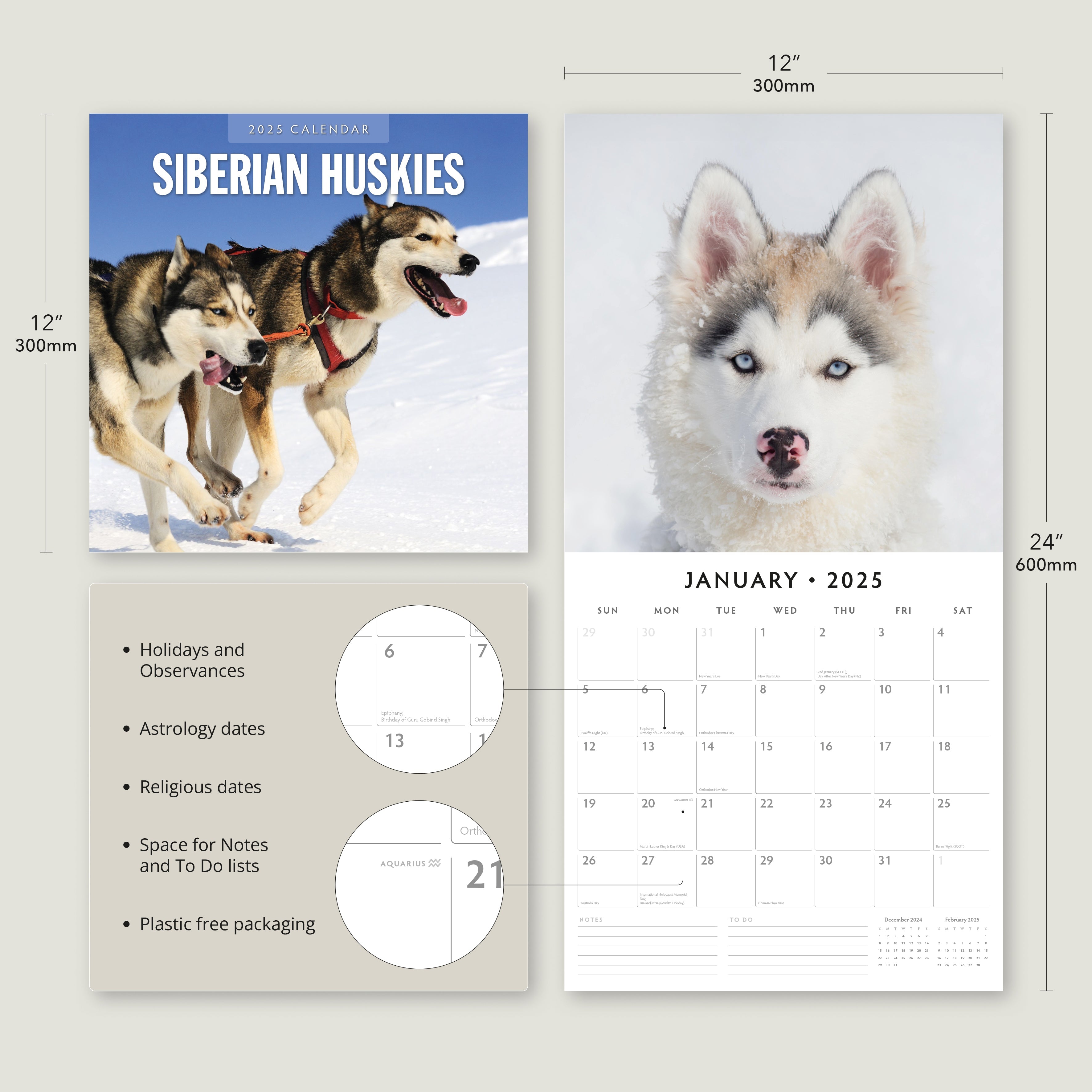 2025 Siberian Huskies - Square Wall Calendar
