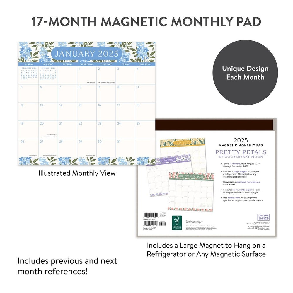 2025 Pretty Petals - Monthly Magnetic Pad Calendar