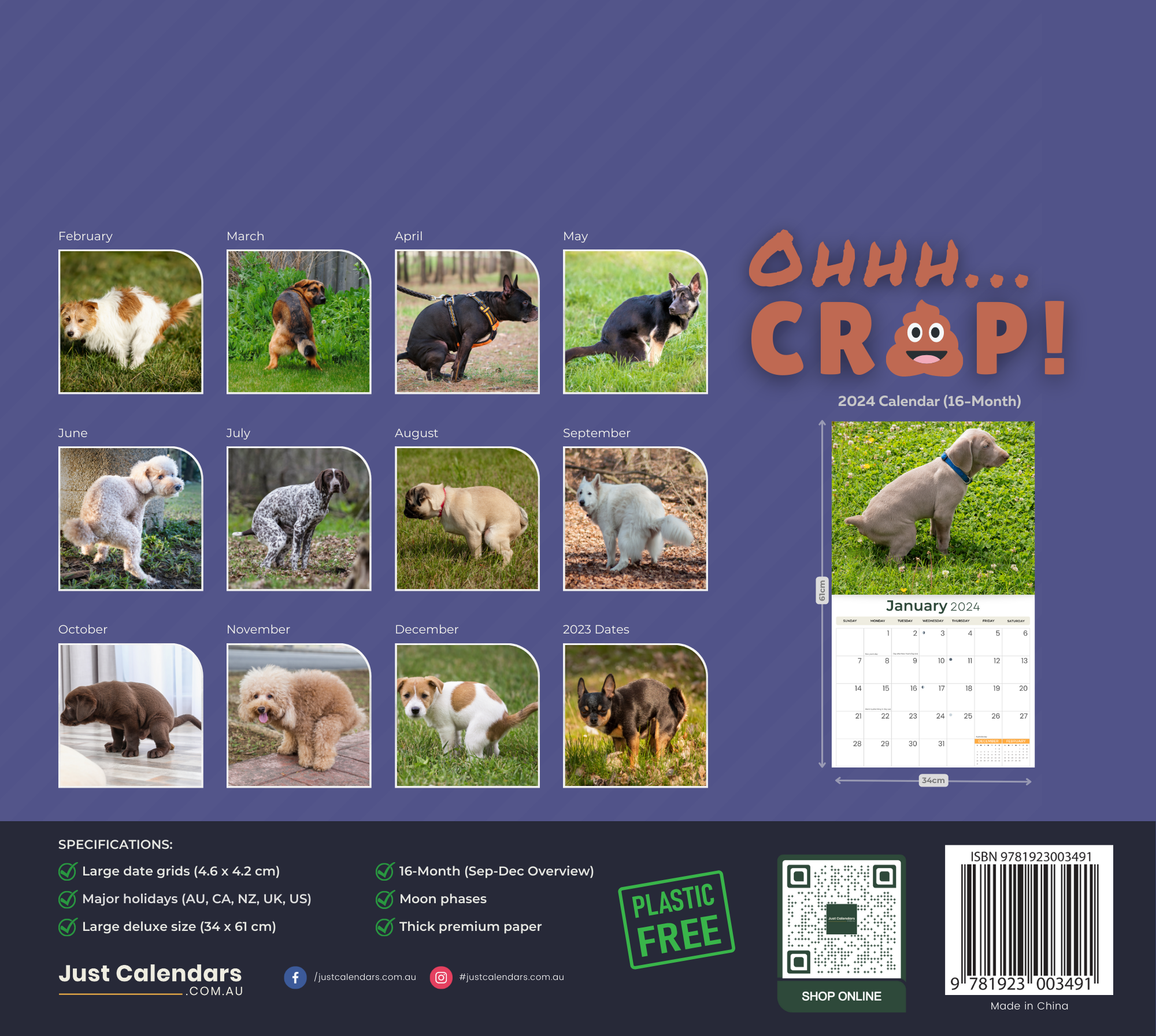 2024 Oh Crap! Pooping Dogs - Deluxe Wall Funny Humour Calendar by Just Calendars - 16 Month - Plastic Free