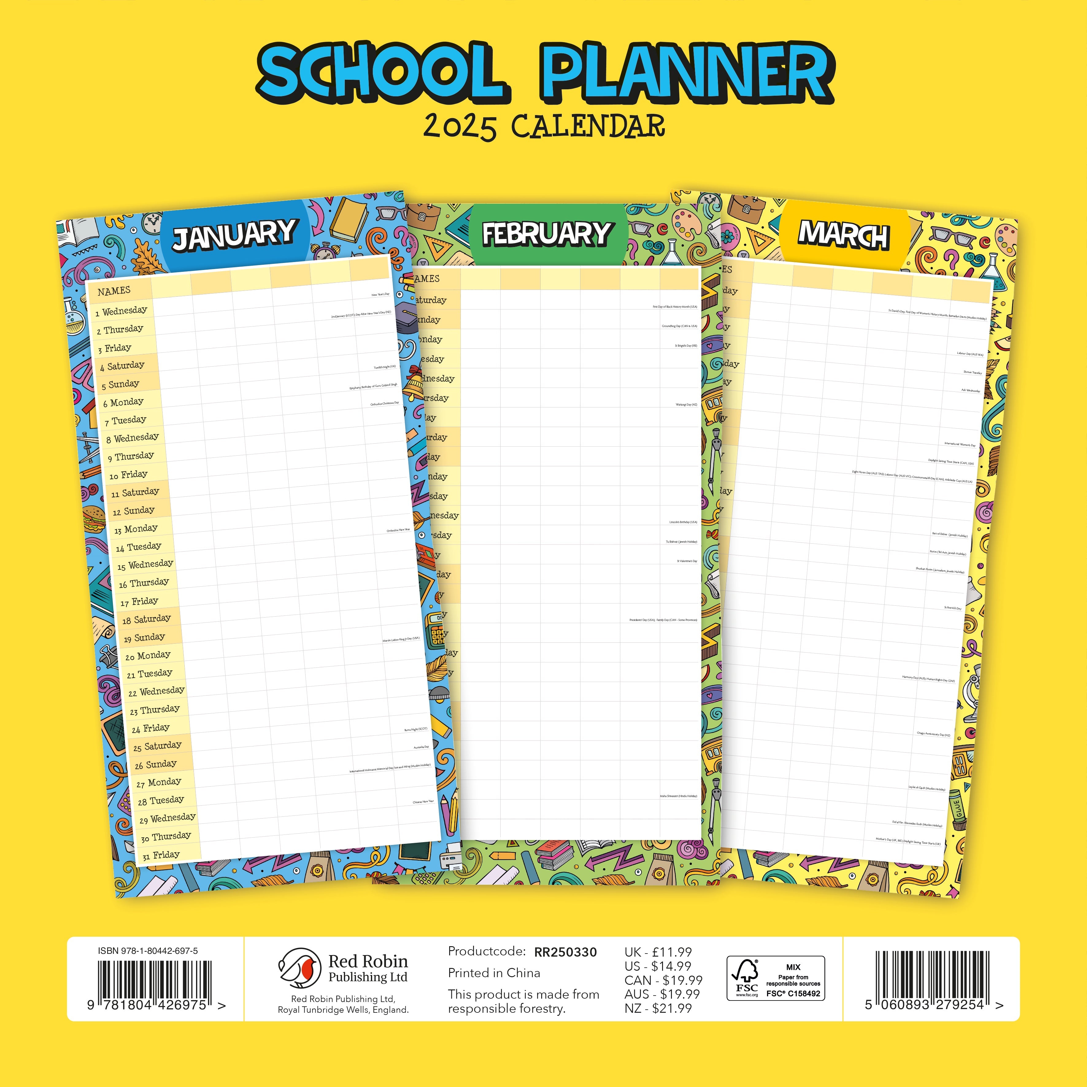 2025 School Planner - Square Wall Calendar