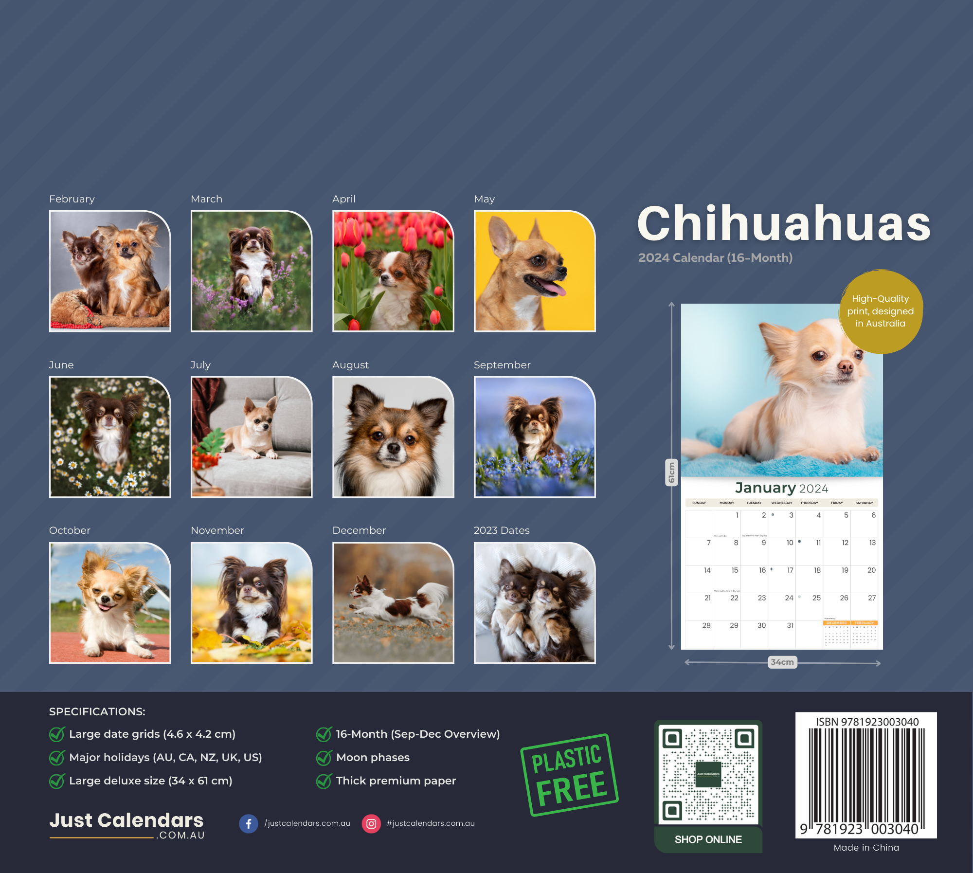 2024 Chihuahuas Dogs & Puppies - Deluxe Wall Calendar by Just Calendars - 16 Month - Plastic Free