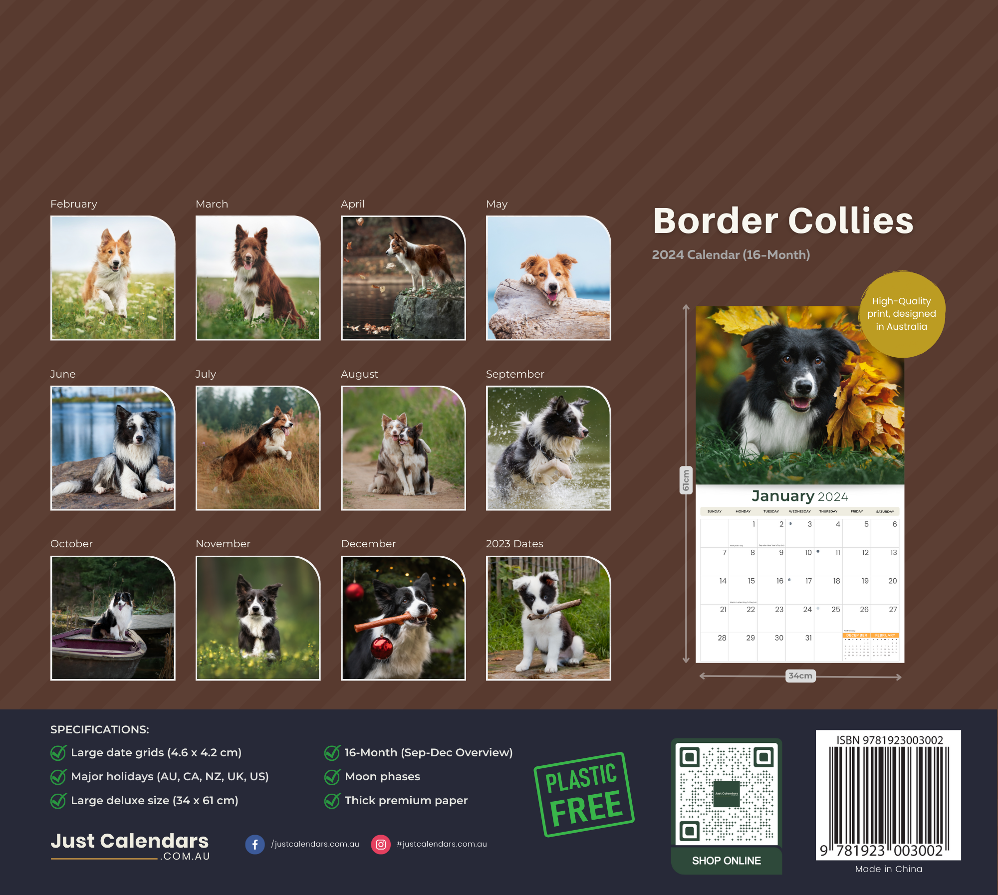 2024 Border Collies Dogs & Puppies - Deluxe Wall Calendar by Just Calendars - 16 Month - Plastic Free