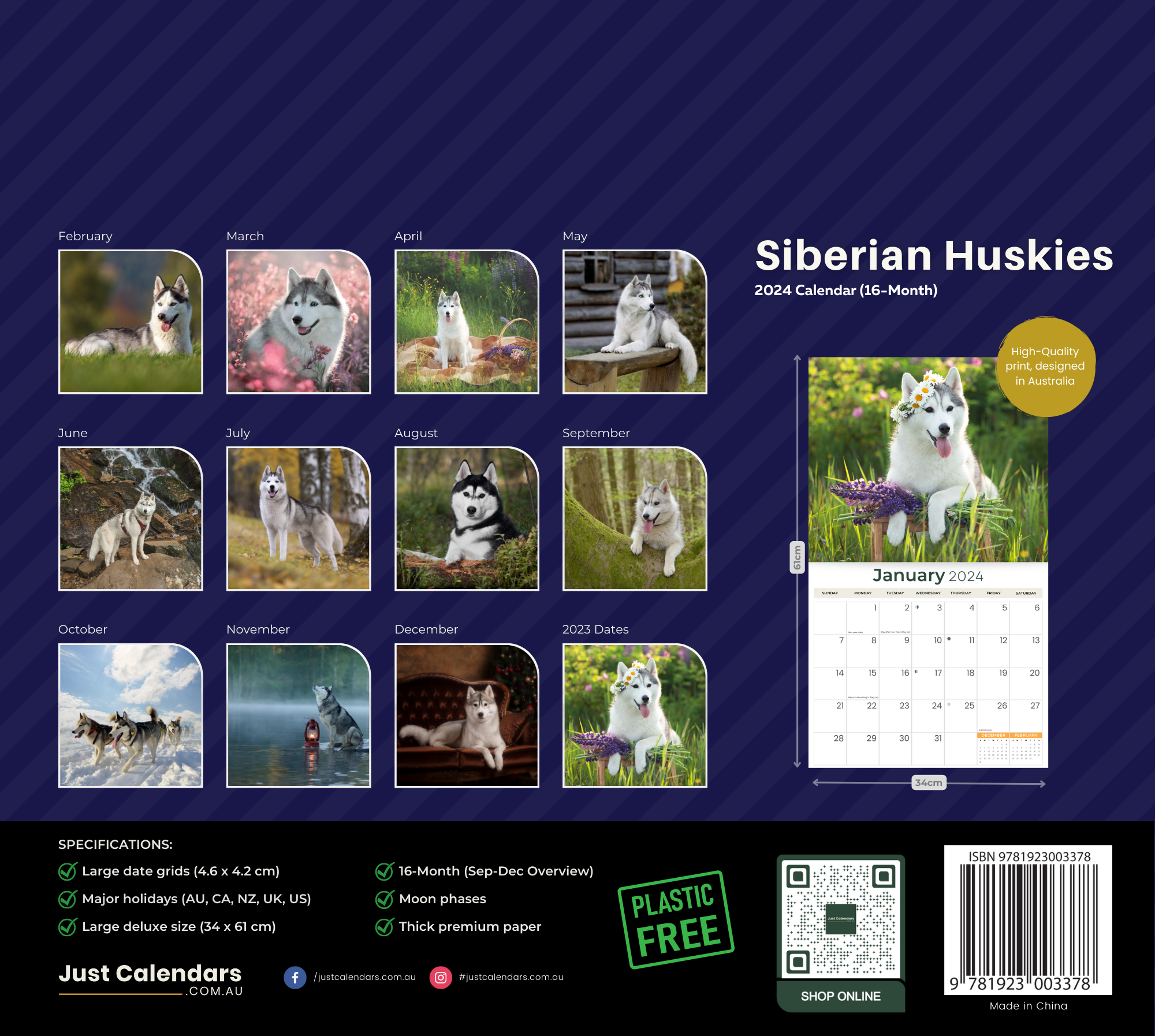 2024 Siberian Huskies Dogs & Puppies - Deluxe Wall Calendar by Just Calendars - 16 Month - Plastic Free