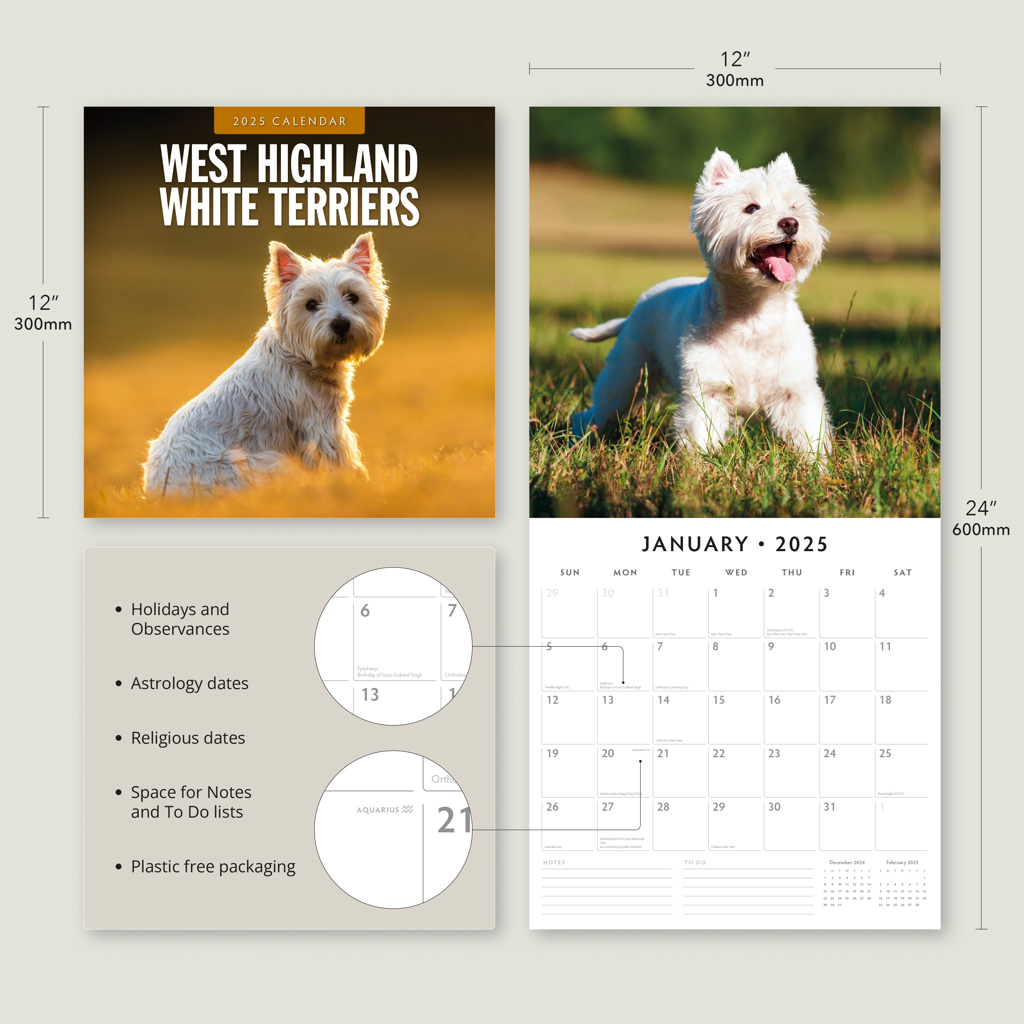 2025 West Highland White Terriers (Westies) - Square Wall Calendar
