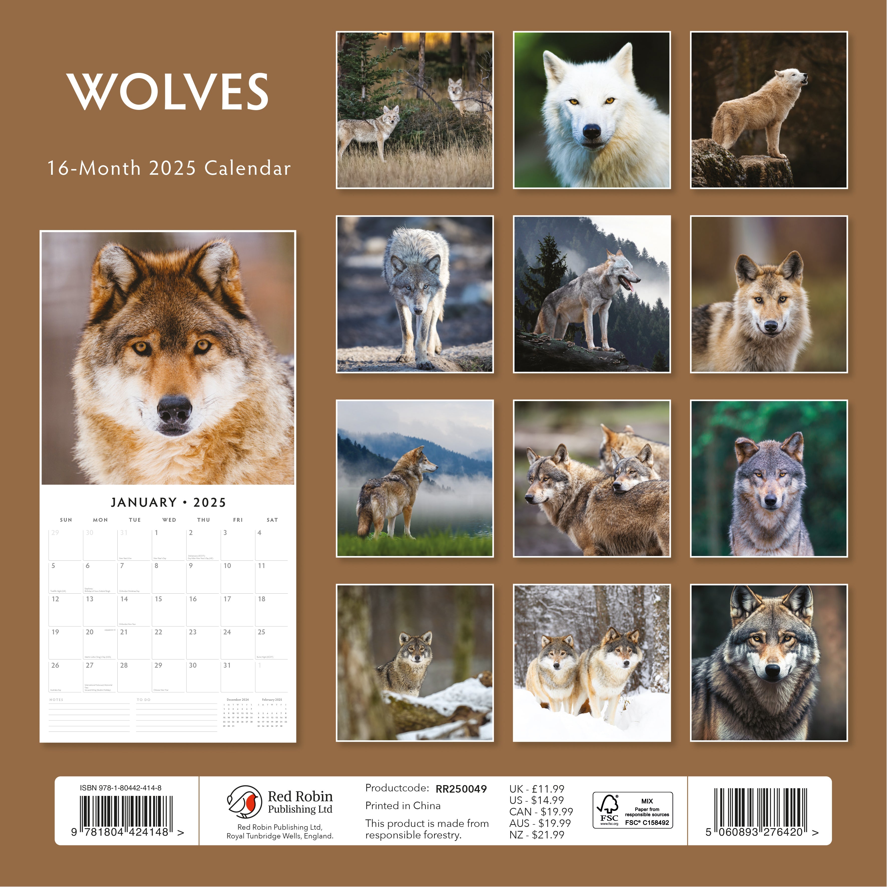 2025 Wolves - Square Wall Calendar