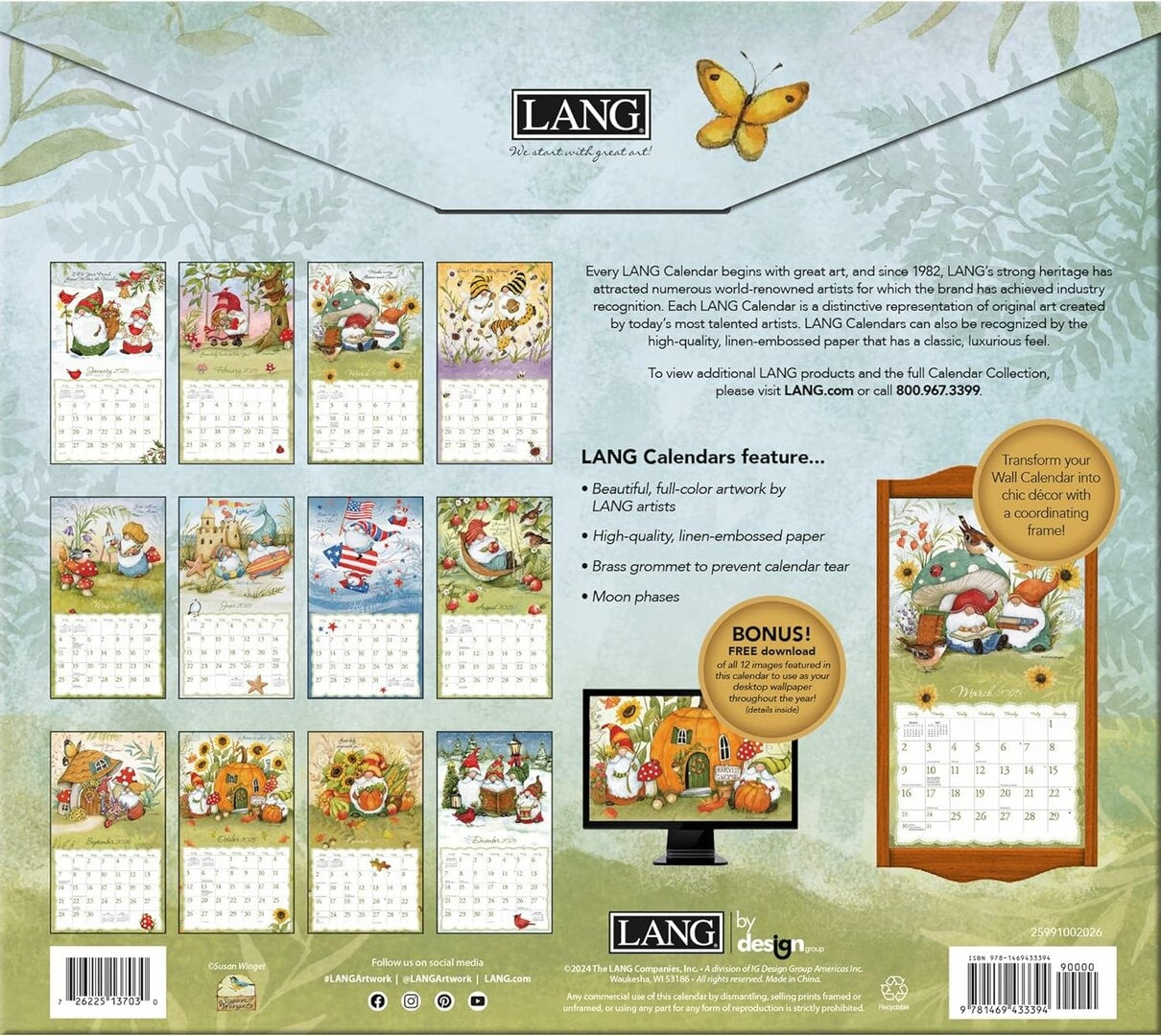 2025 LANG Gnome Sweet Gnome By Susan Winget - Deluxe Wall Calendar