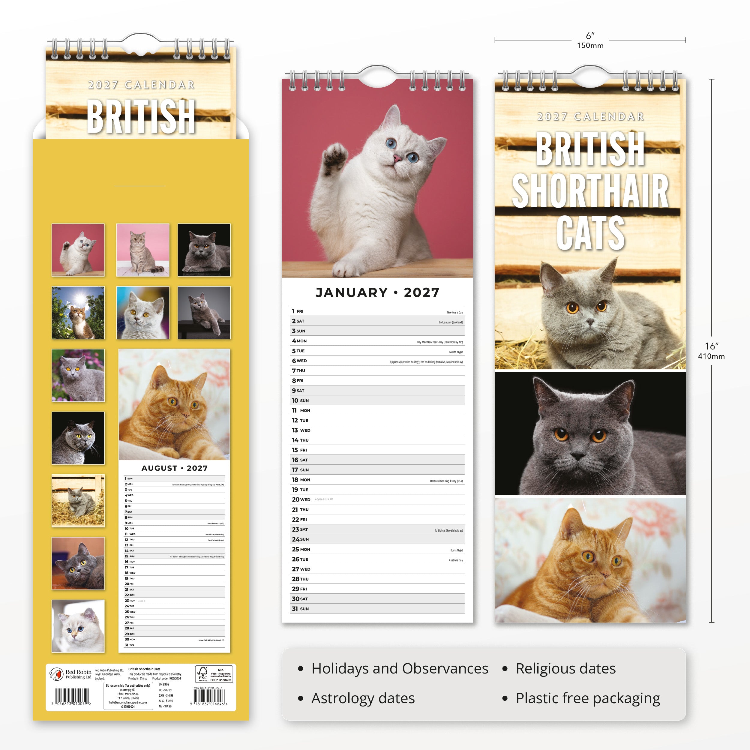 2027 British Shorthair Cats - Slim Wall Calendar