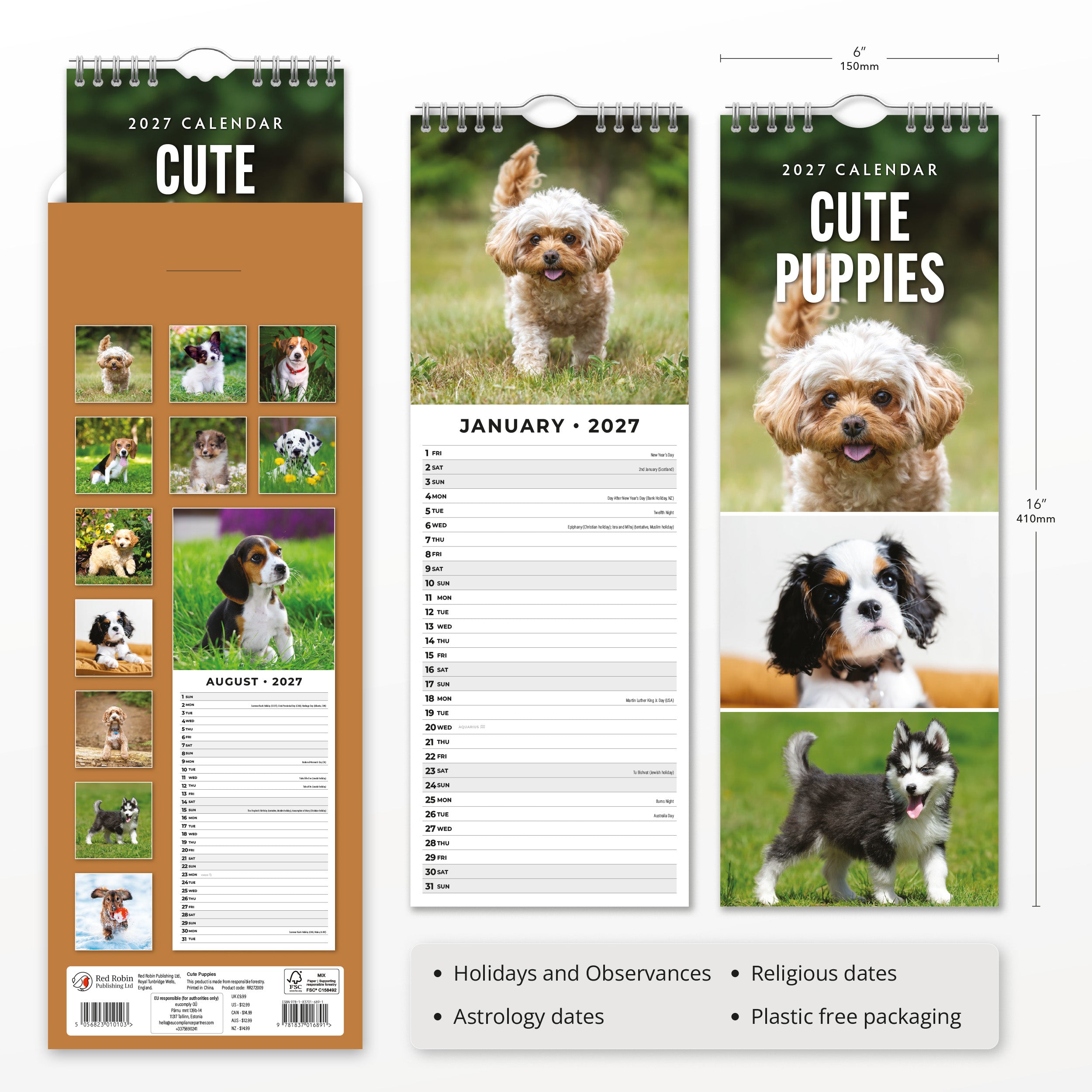 2027 Cute Puppies - Slim Wall Calendar