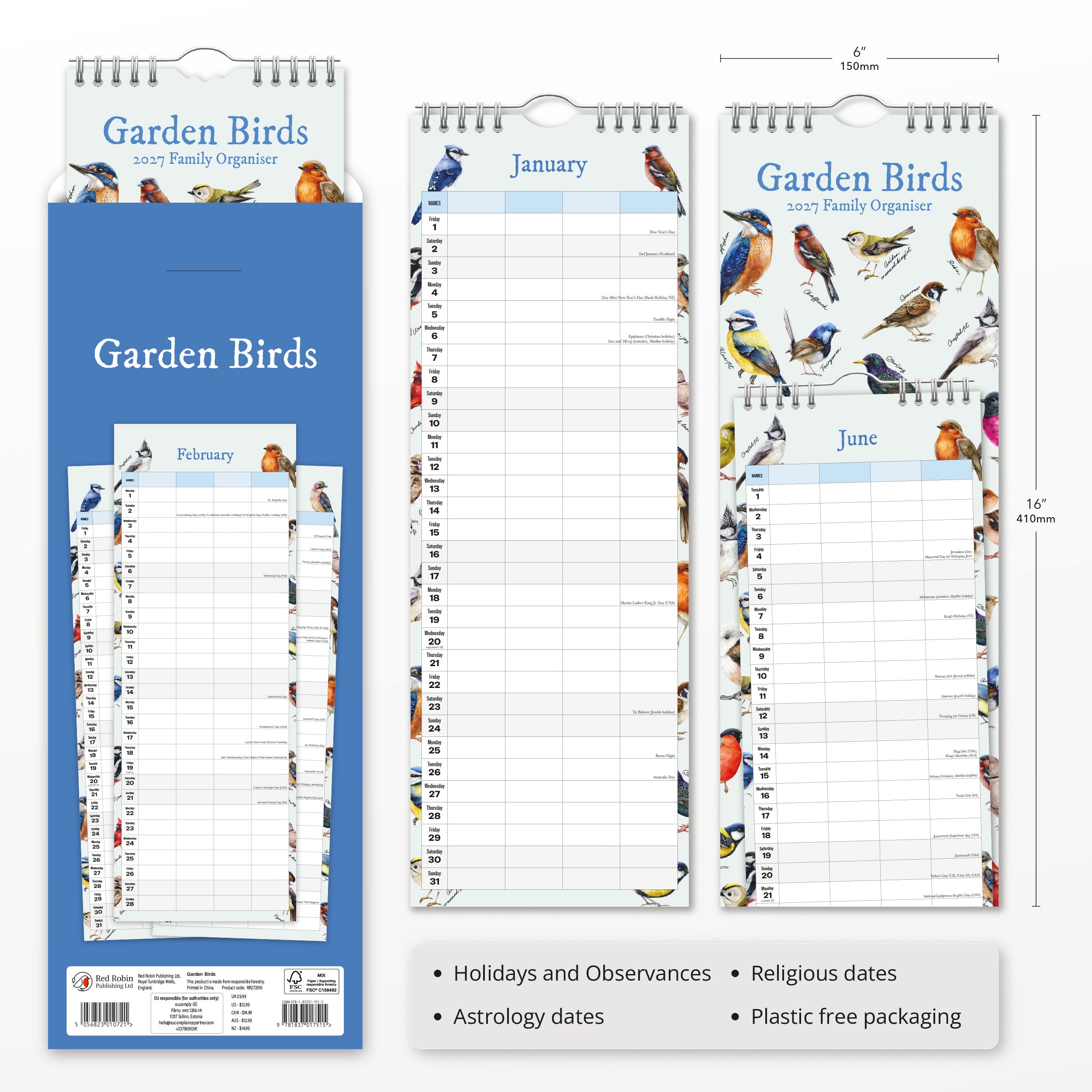 2027 Garden Birds - Slim Wall Calendar