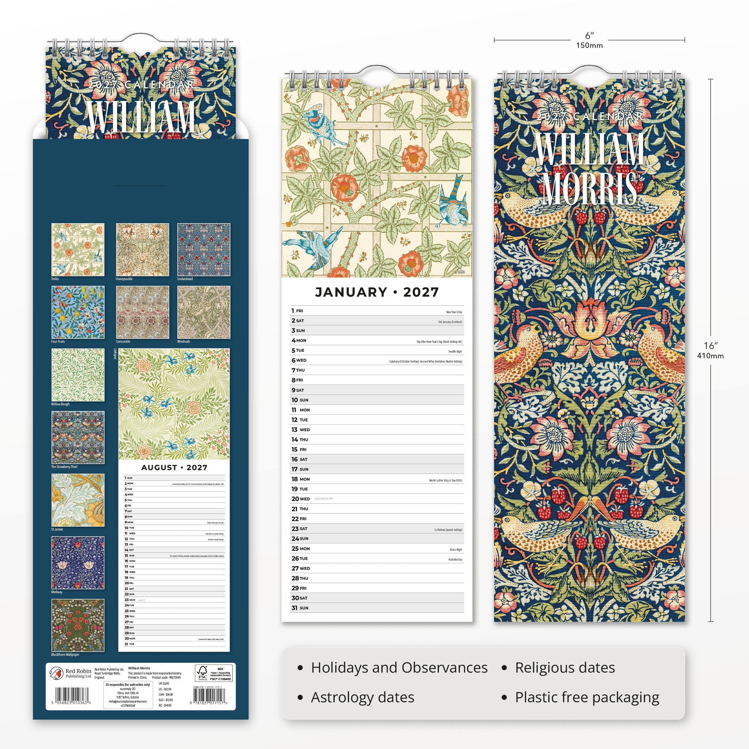 2027 William Morris - Slim Wall Calendar