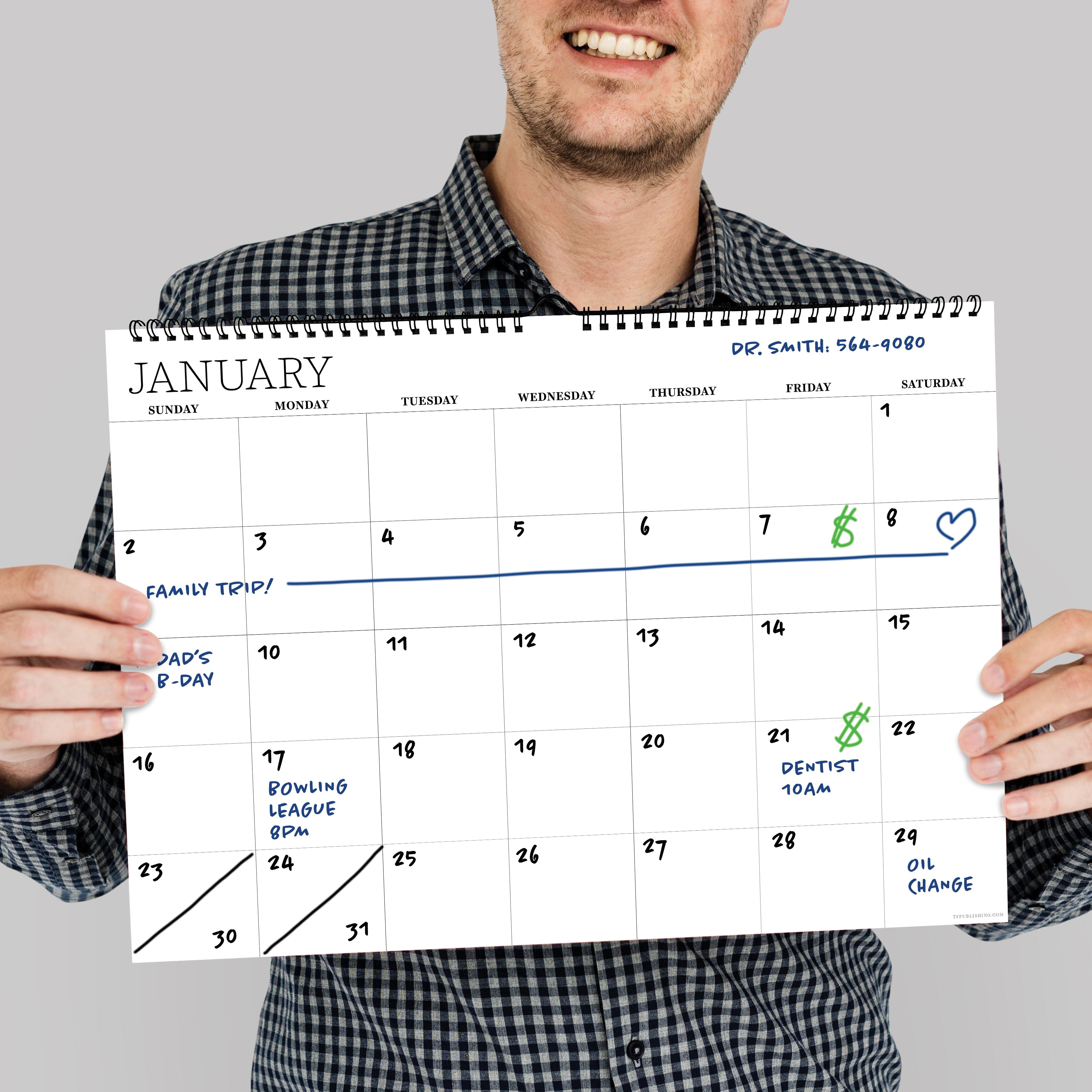 Dry Erase Medium Wire-o Hanging Horizontal - Perpetual Undated Wall Calendar