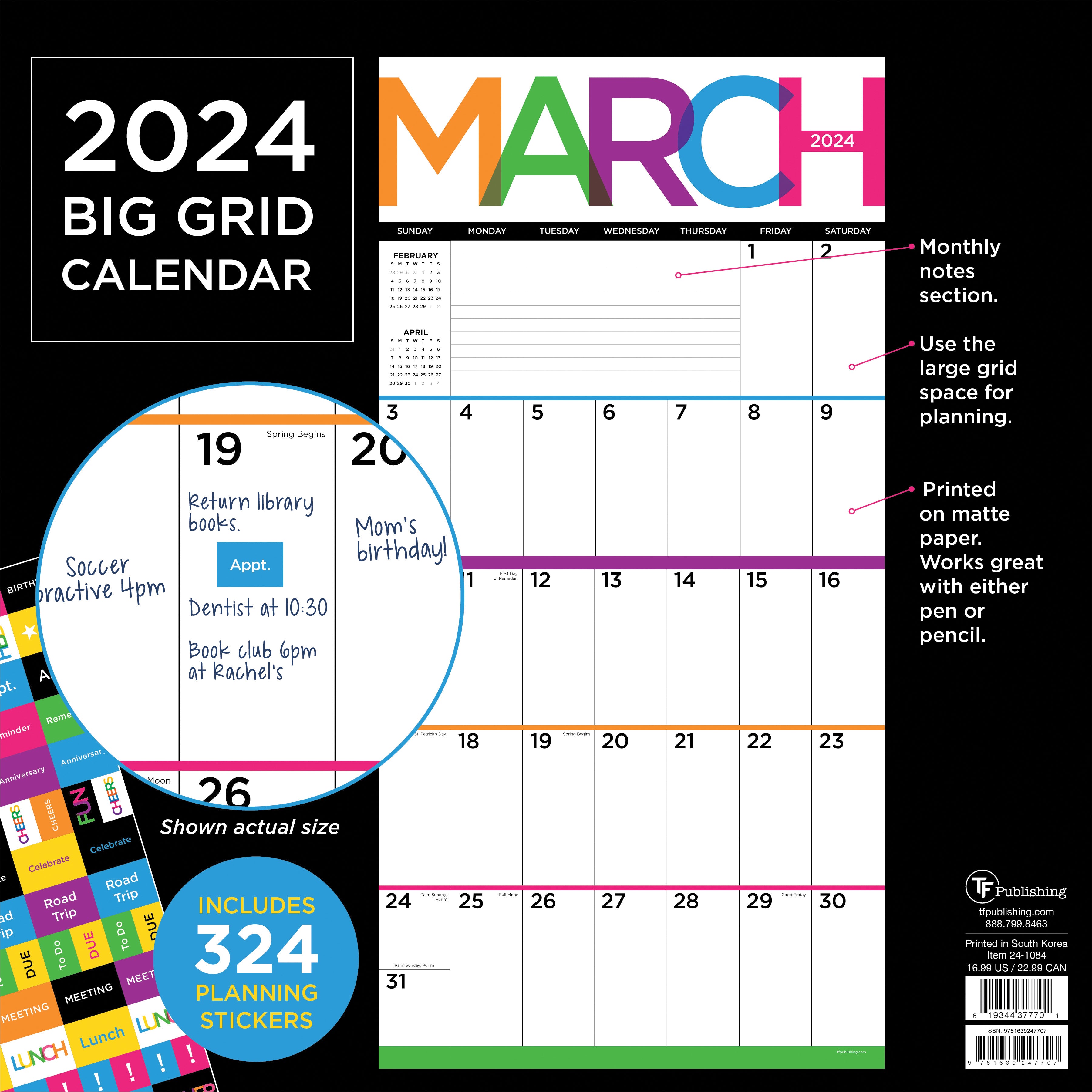 2024 Big & Bright Grid - Square Wall Calendar