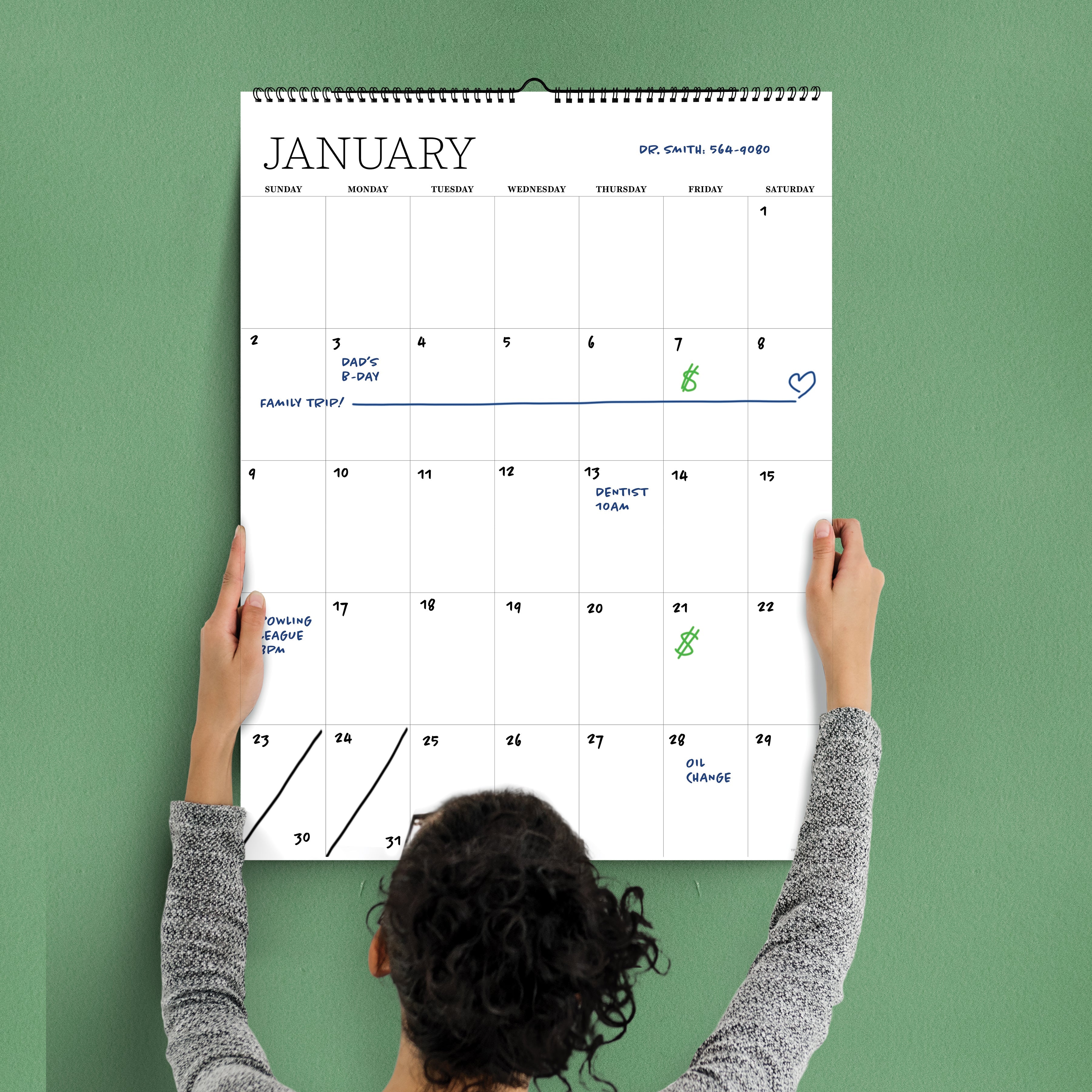 Dry Erase Large Wire-o Hanging Vertical - Perpetual Undated Wall Calendar