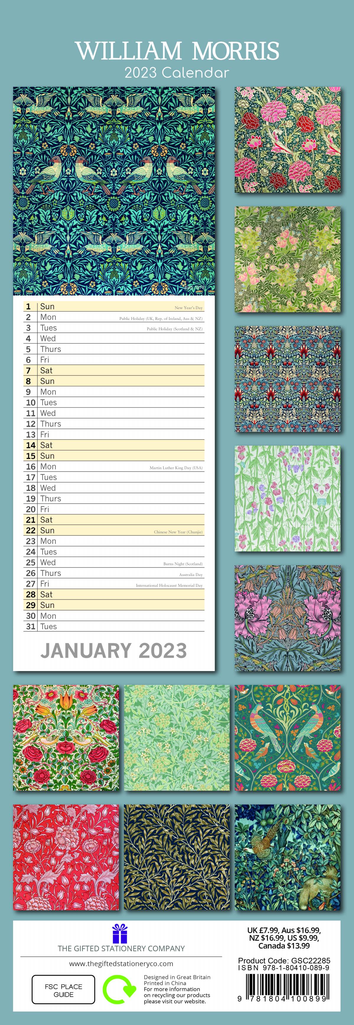 2023 William Morris - Strawberry Thief - Slim Wall Calendar