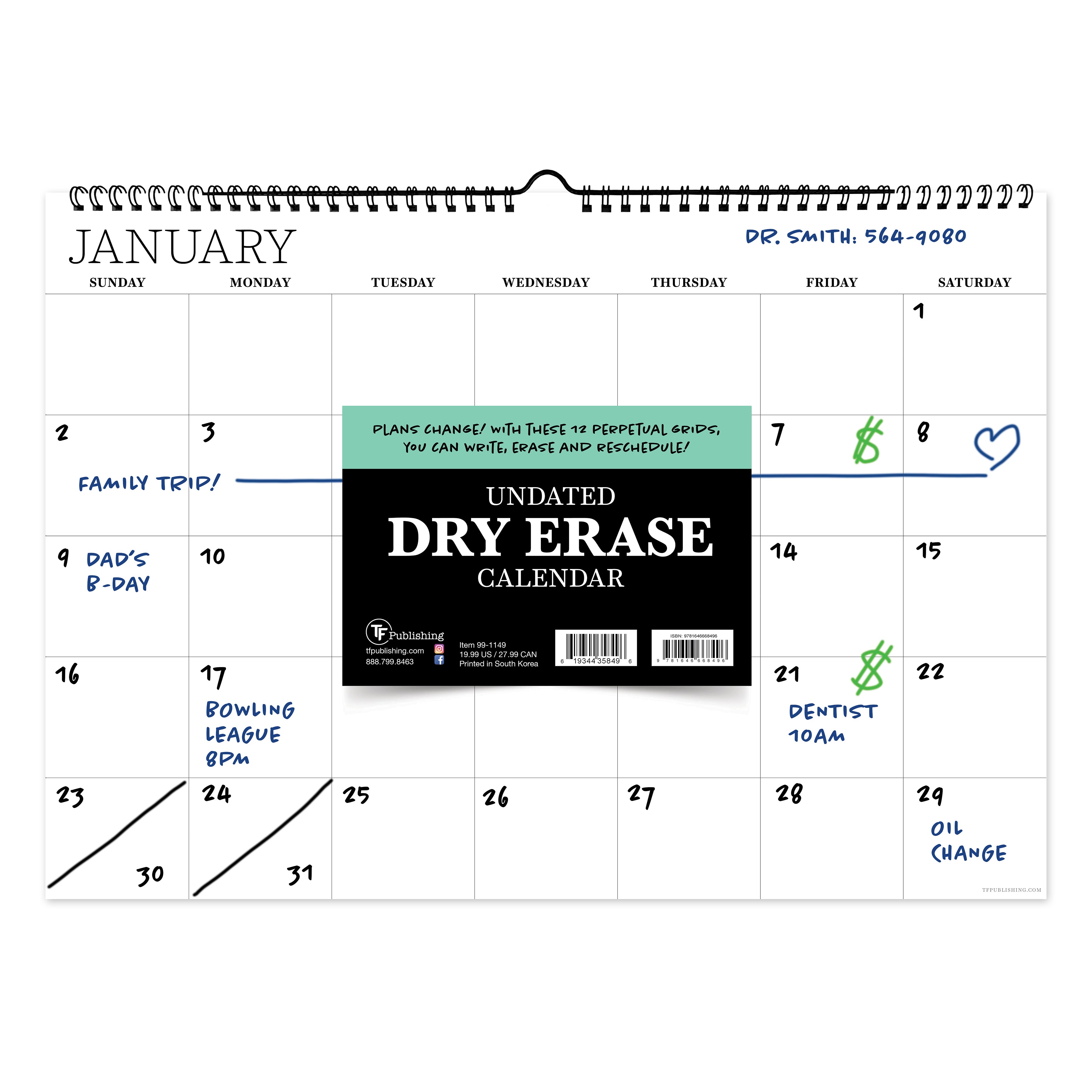 Dry Erase Medium Wire-o Hanging Horizontal - Perpetual Undated Wall Calendar