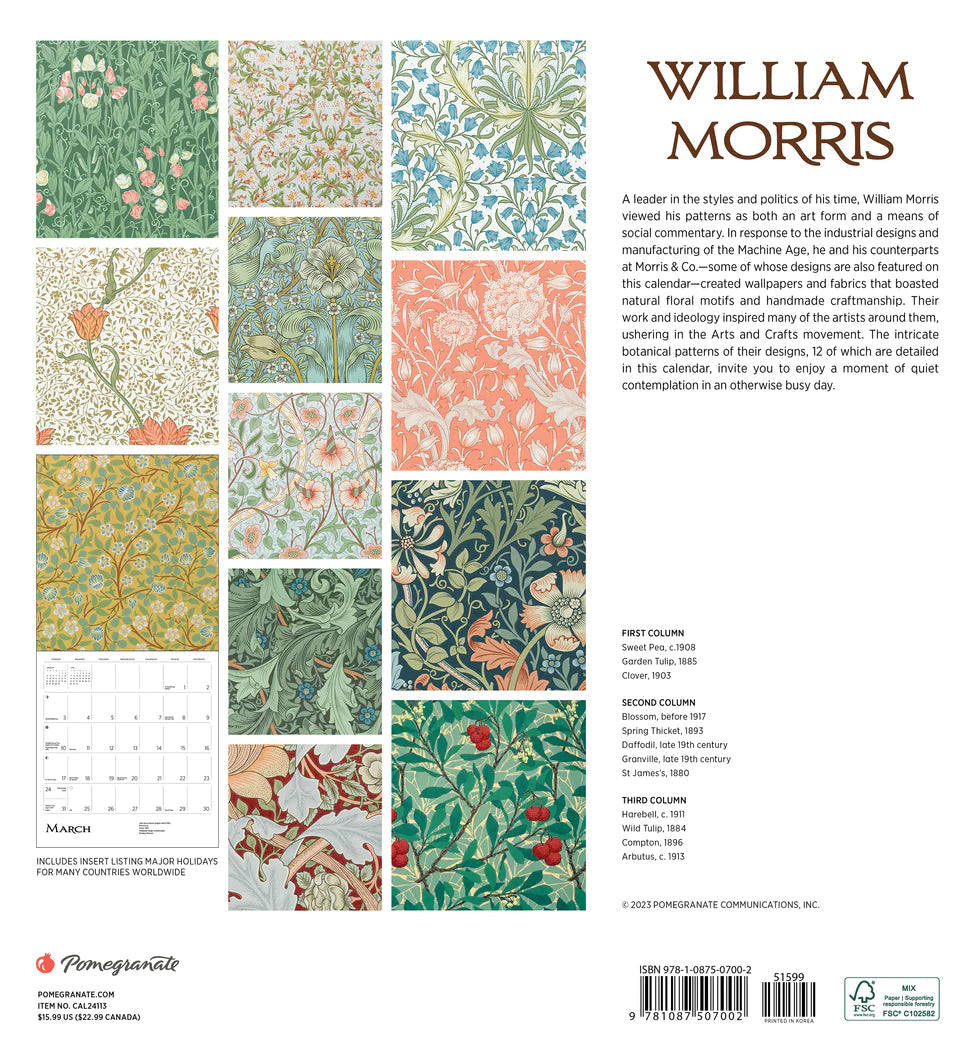 2024 William Morris Arts & Crafts Designs Square Wall Calendar