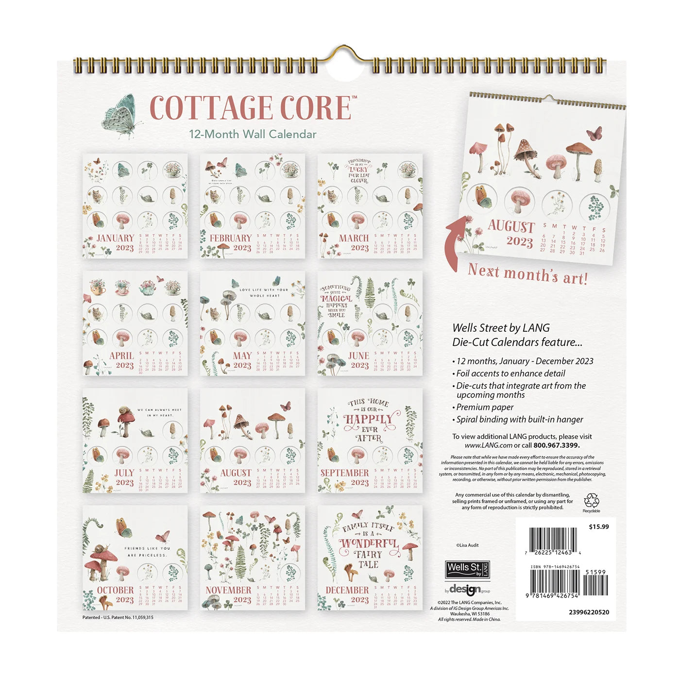 2023 LANG Cottage Core By Lisa Audit - Die Cut Square Wall Calendar