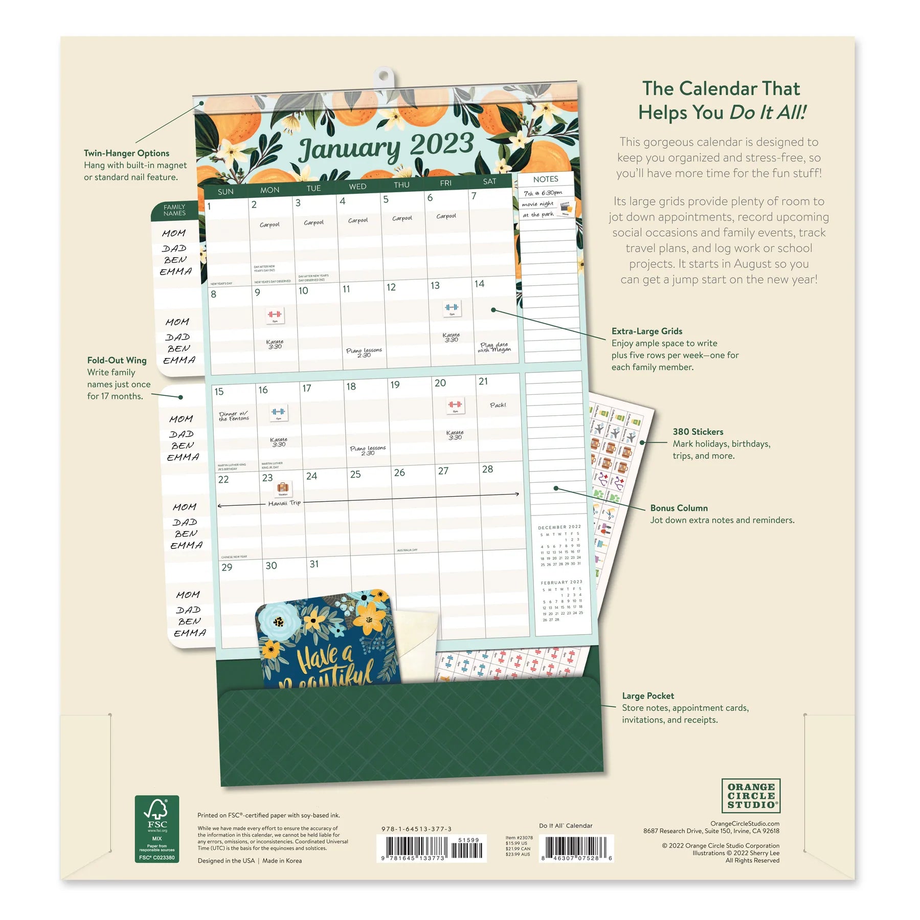 2023 Fruit and Flora by Sherry Lee (Do It All Family Planner) - Magnetic Deluxe Wall Calendar