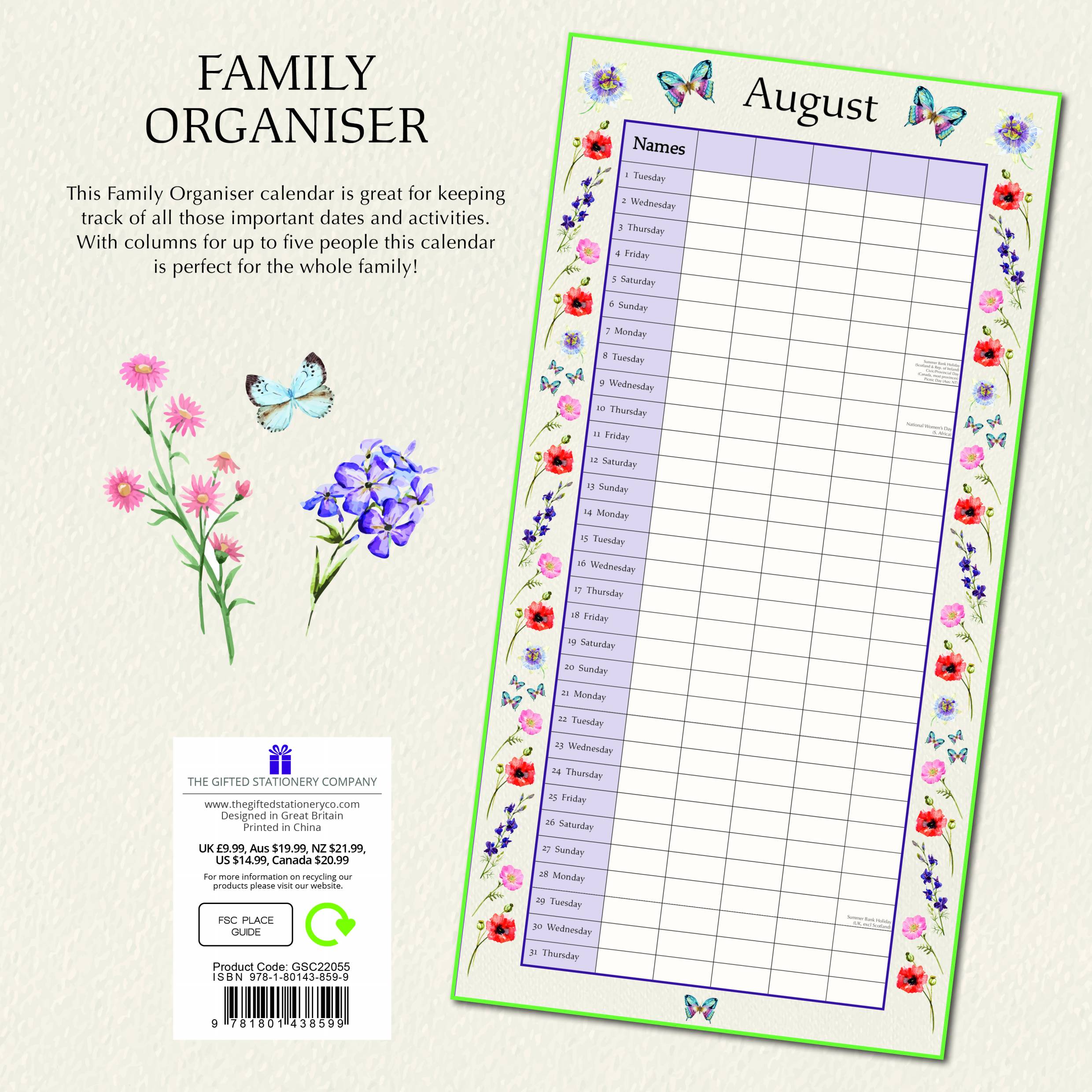 2023 Floral Family Organiser - Square Wall Calendar