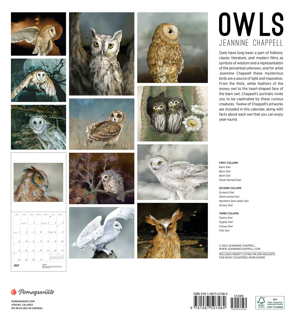 2024 Owls: Jeannine Chappell - Square Wall Calendar  SOLD OUT