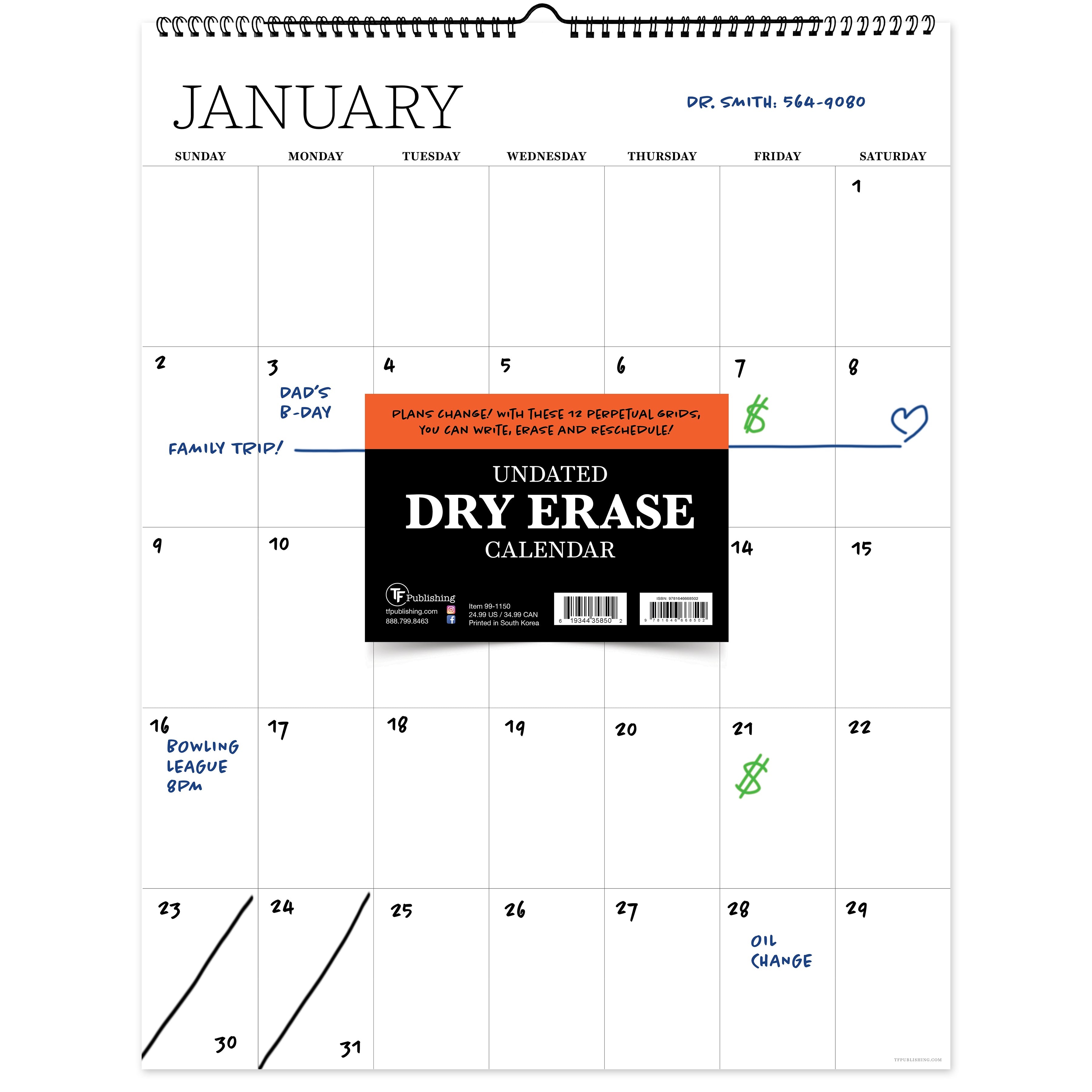 Dry Erase Large Wire-o Hanging Vertical - Perpetual Undated Wall Calendar